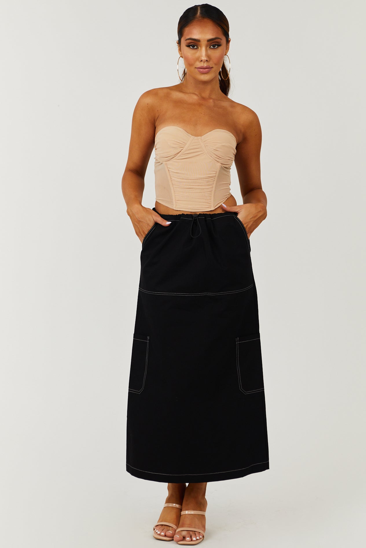 Black Cargo Midi Skirt with Contrast Stitching