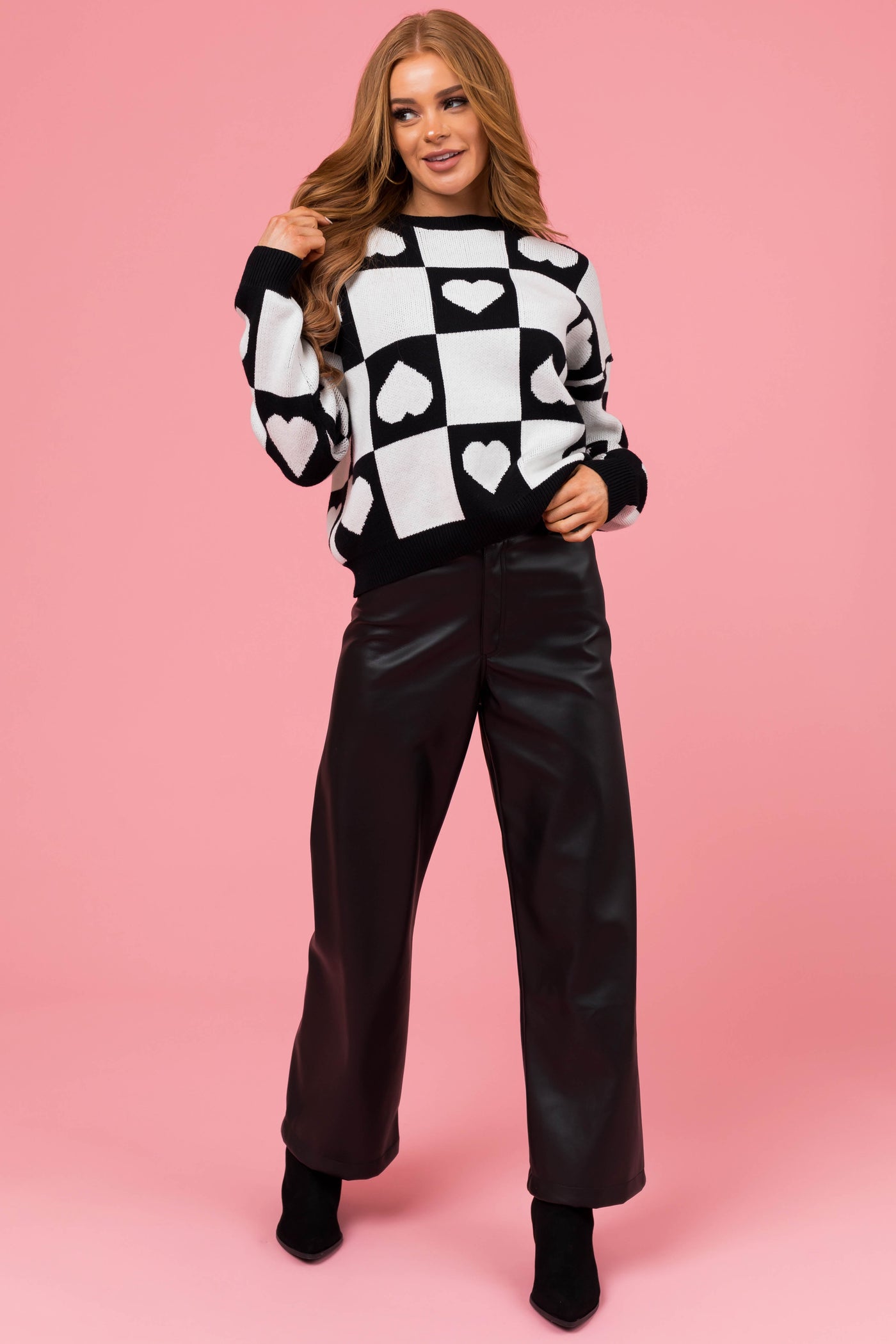 Black Checkered Heart Crew Neck Sweater