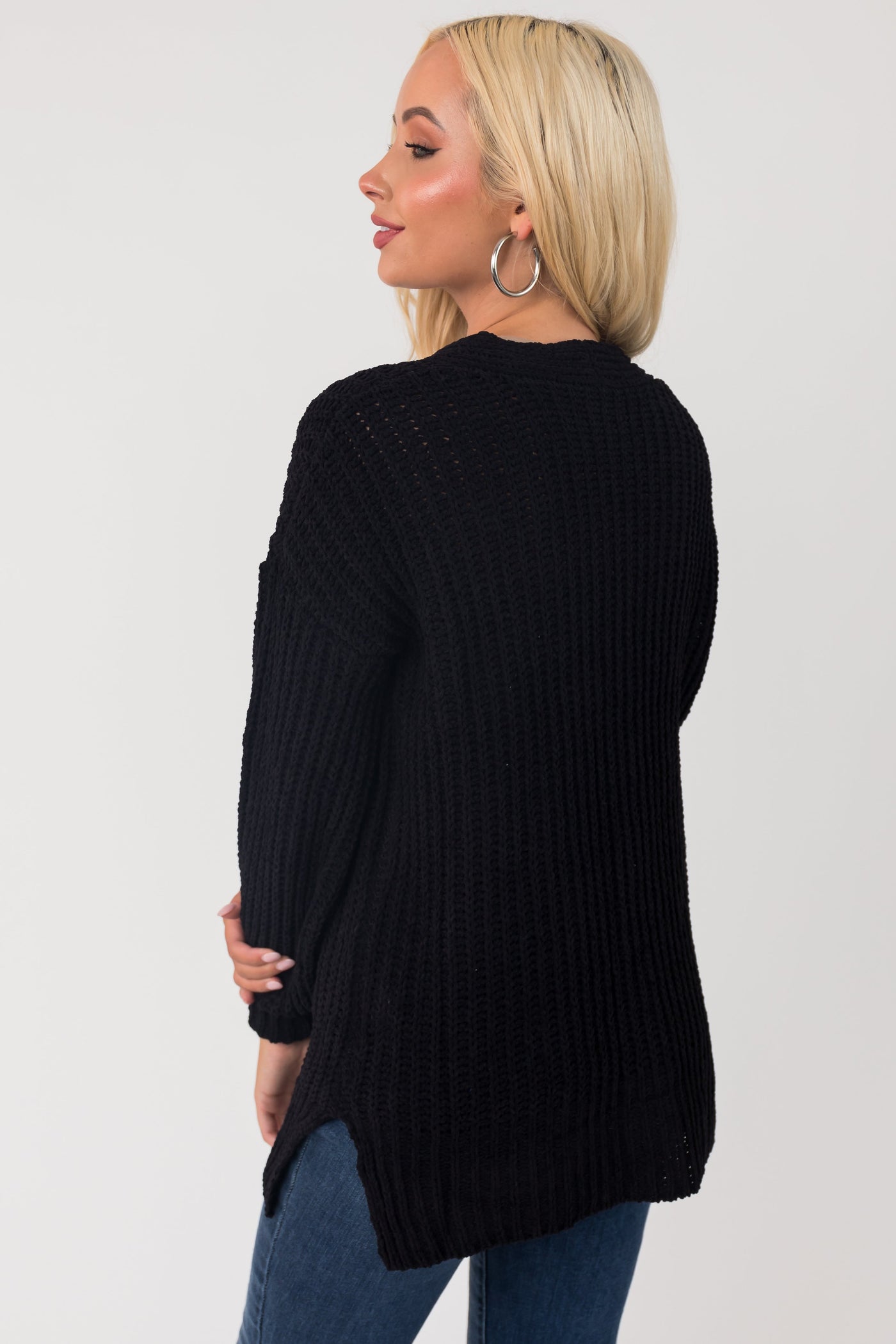 Black Chenille Drop Sleeve Knit Cardigan