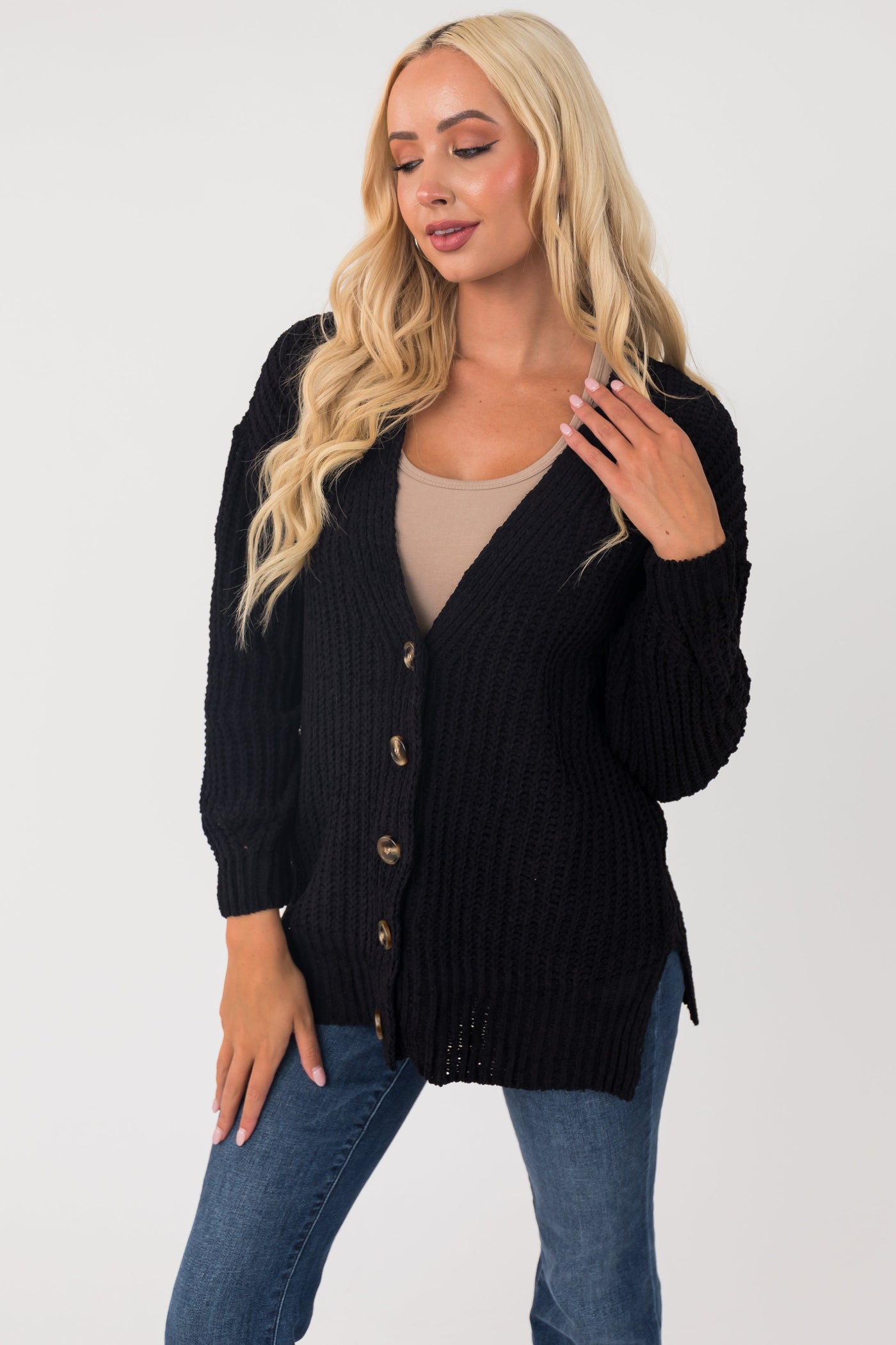 Black Chenille Drop Sleeve Knit Cardigan