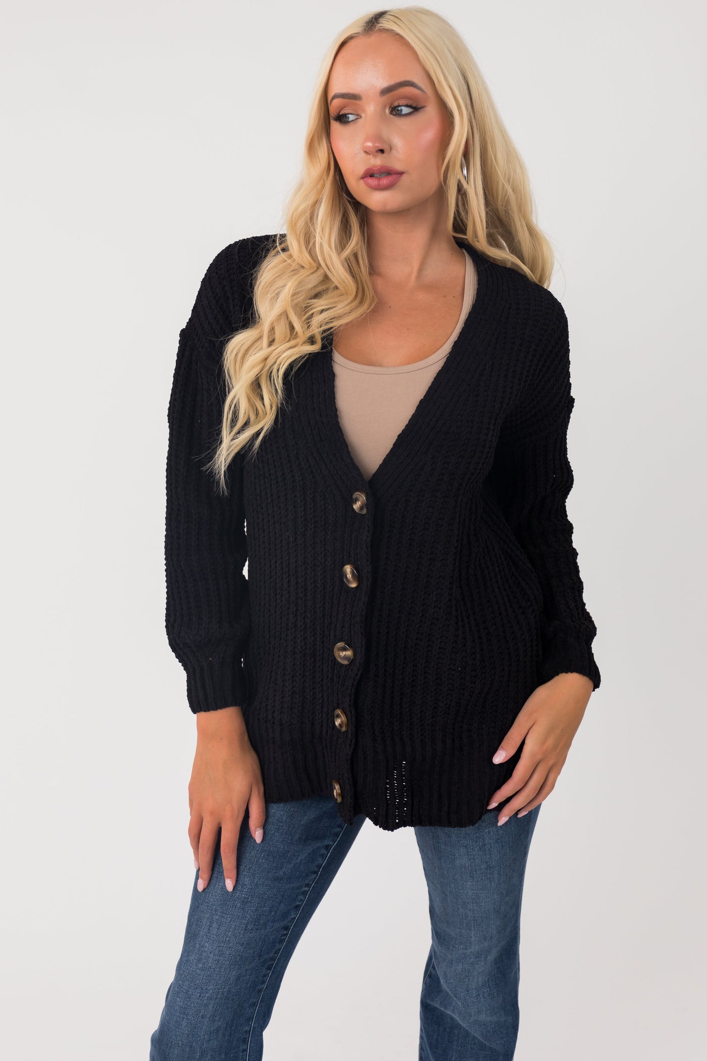 Black Chenille Drop Sleeve Knit Cardigan