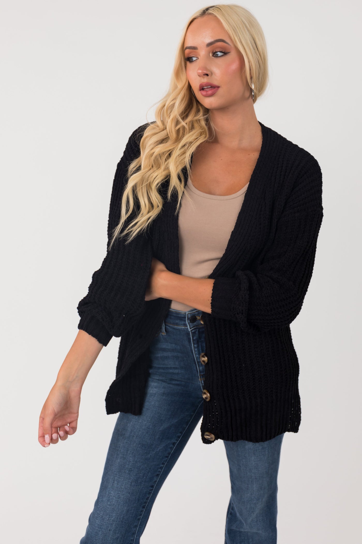 Black Chenille Drop Sleeve Knit Cardigan