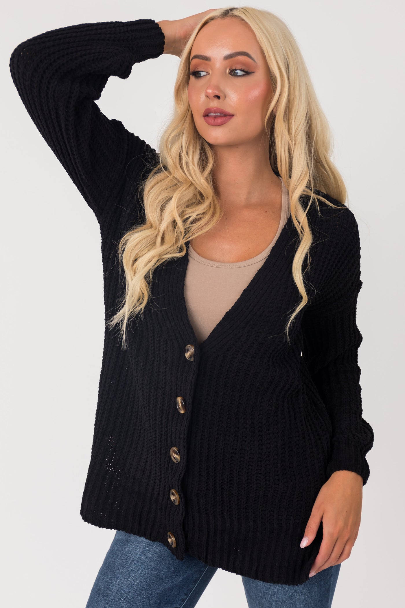Black Chenille Drop Sleeve Knit Cardigan