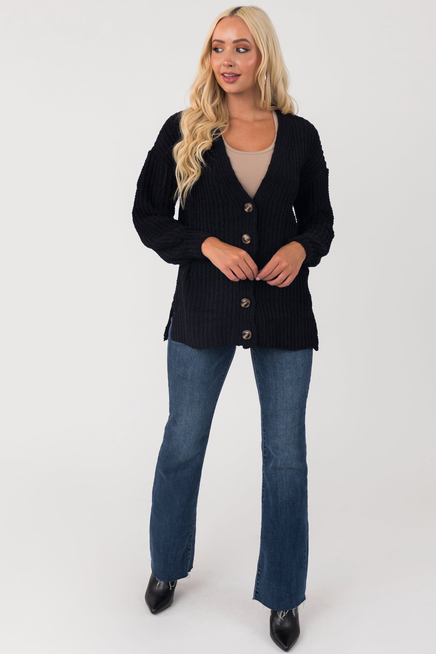 Black Chenille Drop Sleeve Knit Cardigan