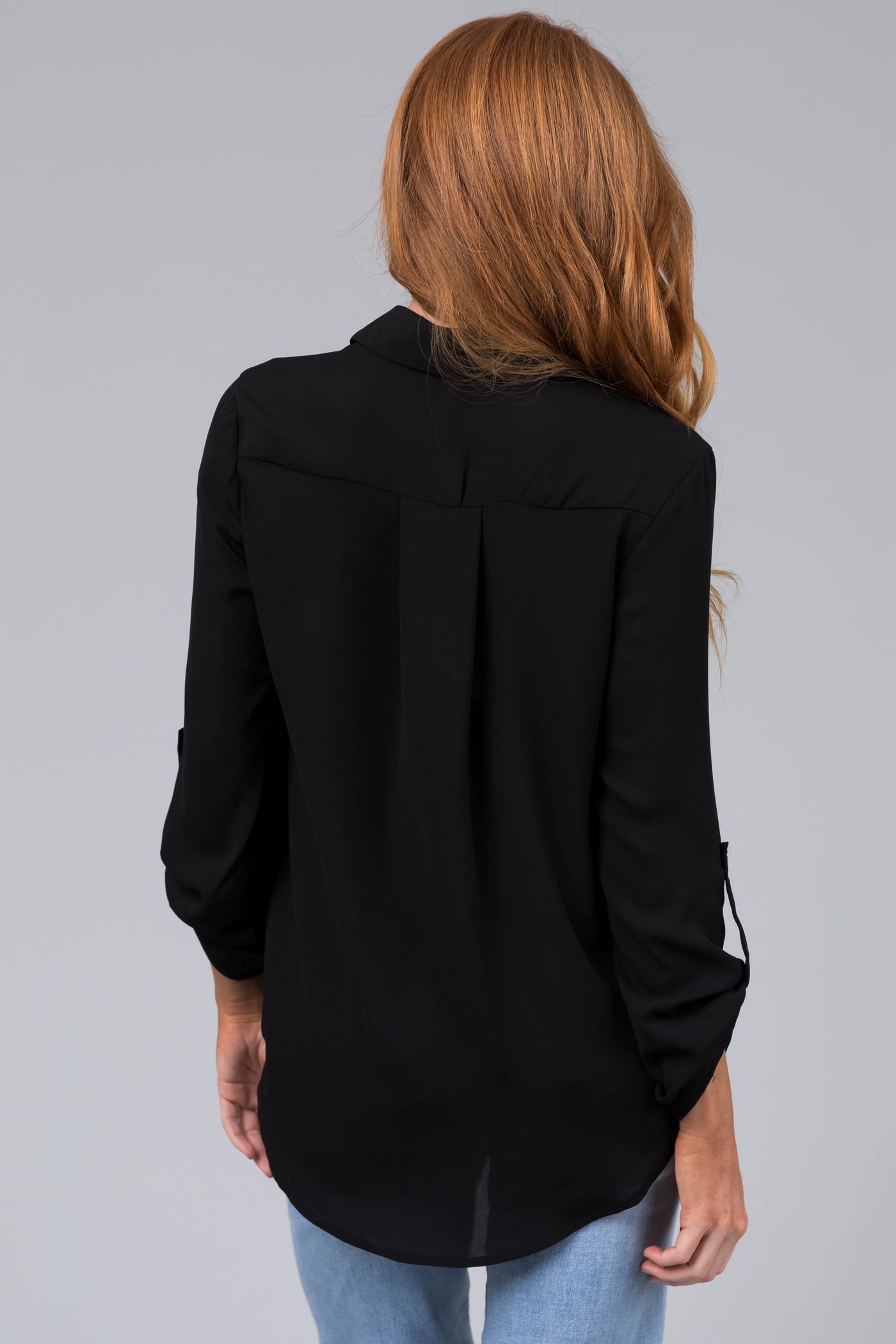 Black Chest Pocket Collared Blouse