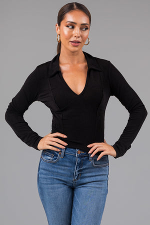 Black Collared Babydoll Shimmery Knit Top