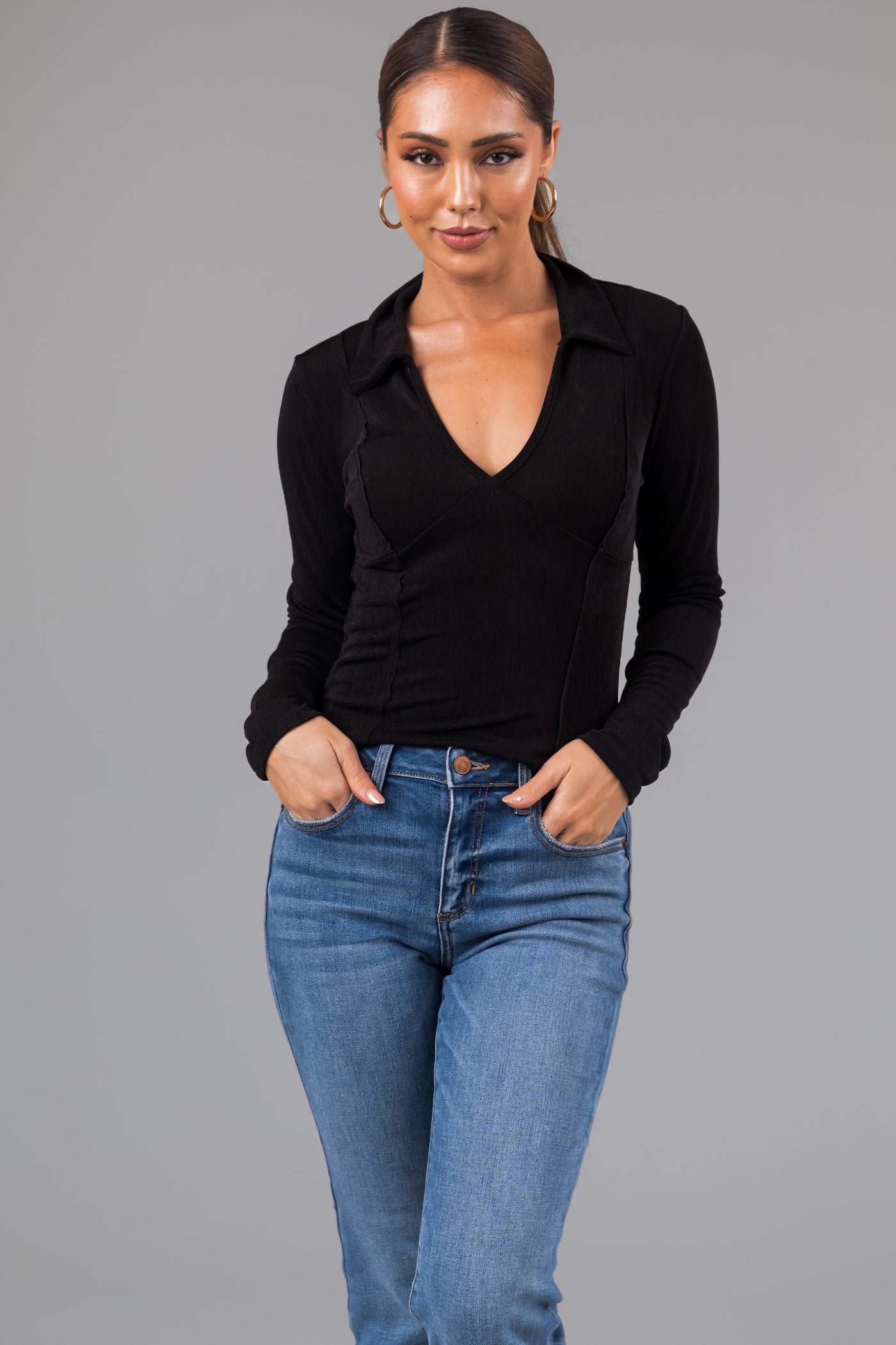 Black Collared Babydoll Shimmery Knit Top