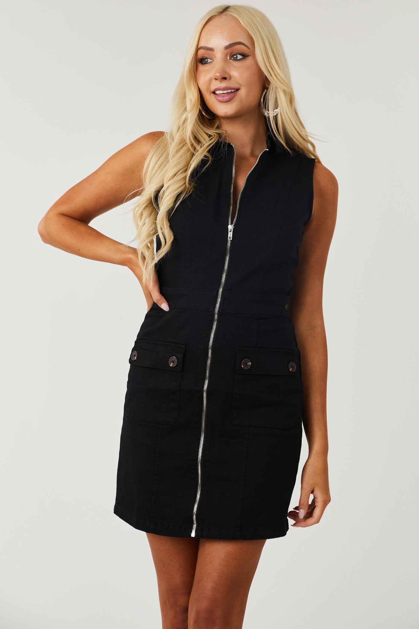 Black Collared Zip Front Sleeveless Denim Dress