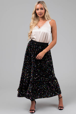 Black Colorful Sequin Velvet Midi Skirt