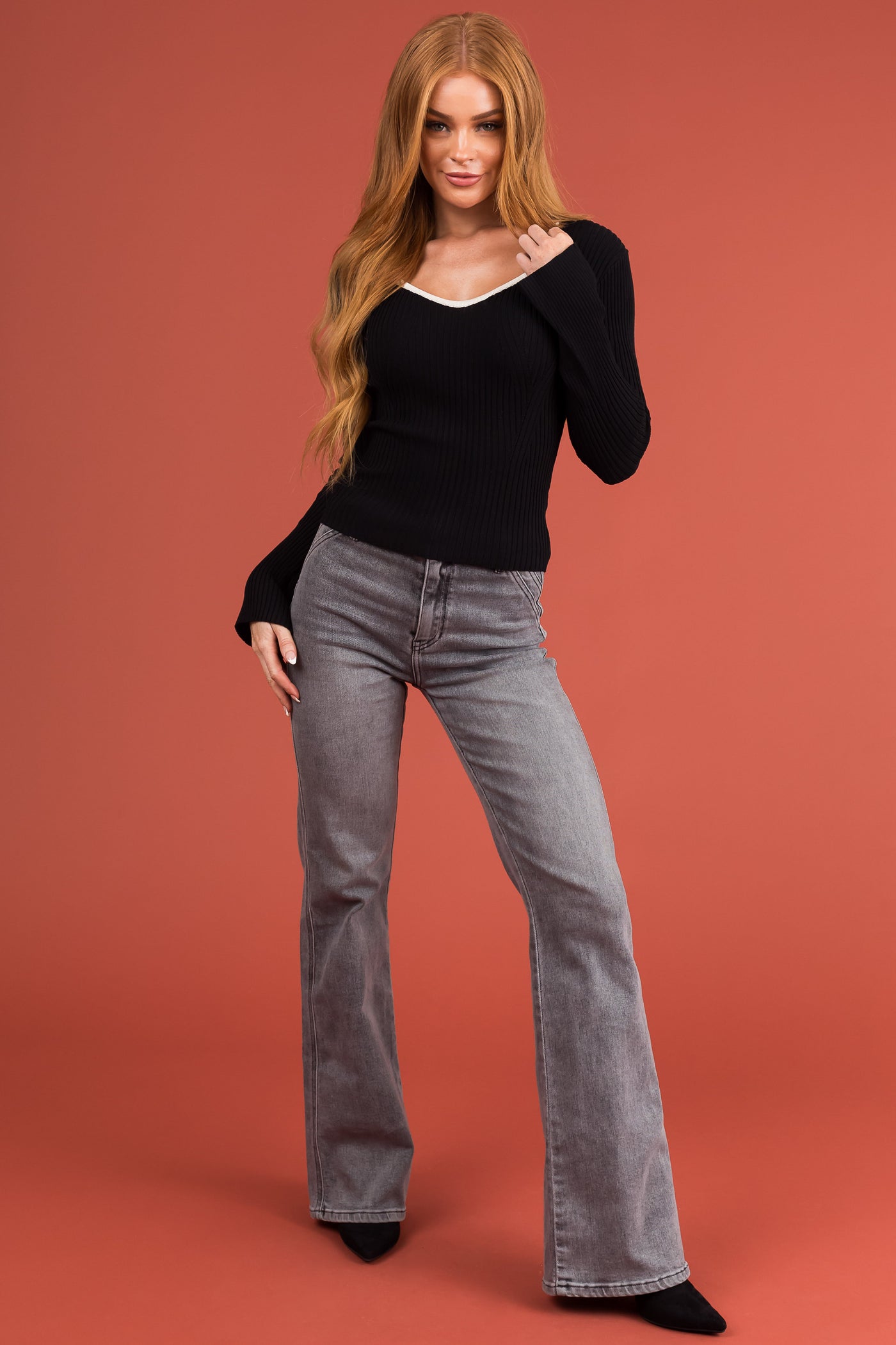 Black Contrast Neckline Fitted Ribbed Knit Top