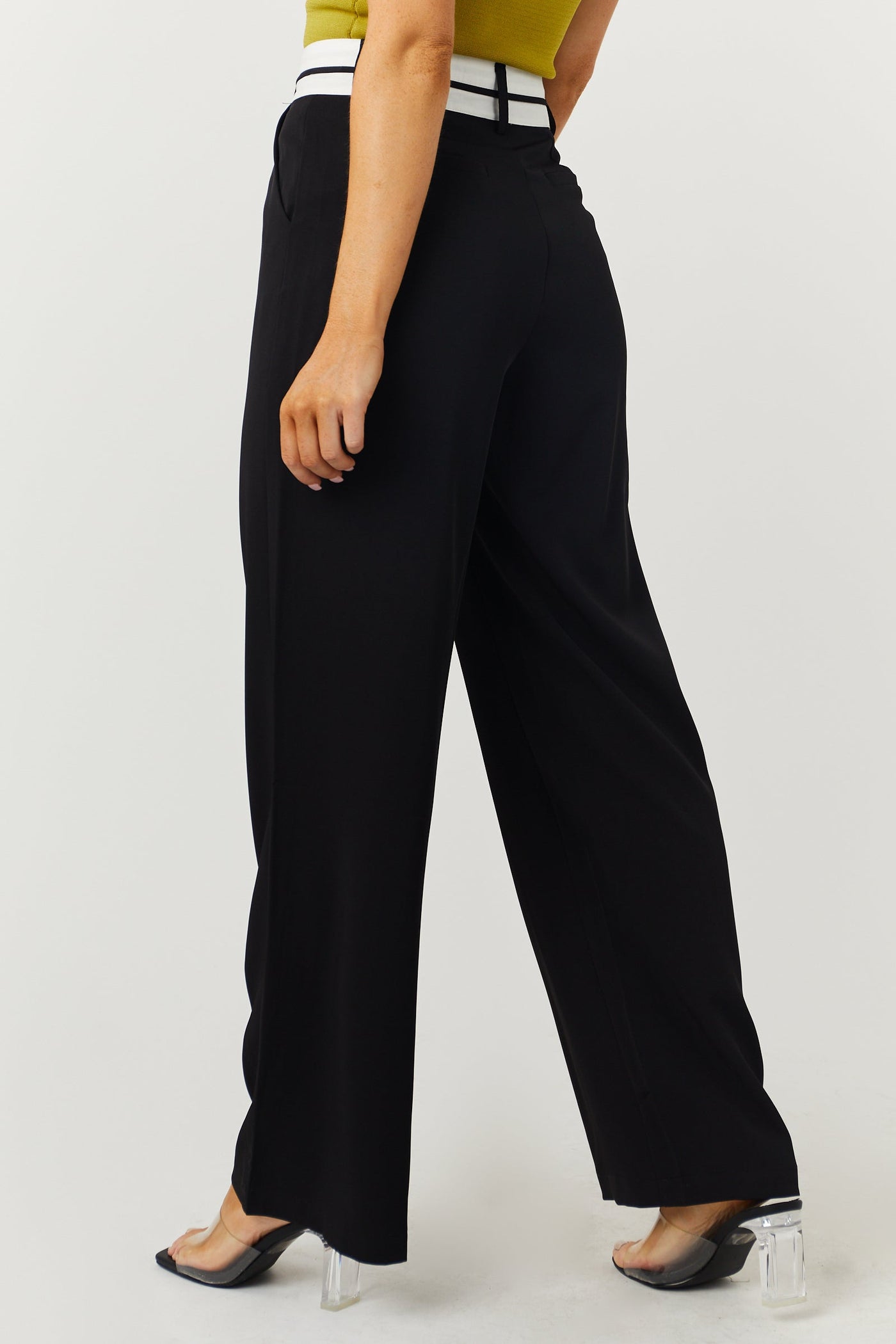 Black Contrast Waistband Wide Leg Pants