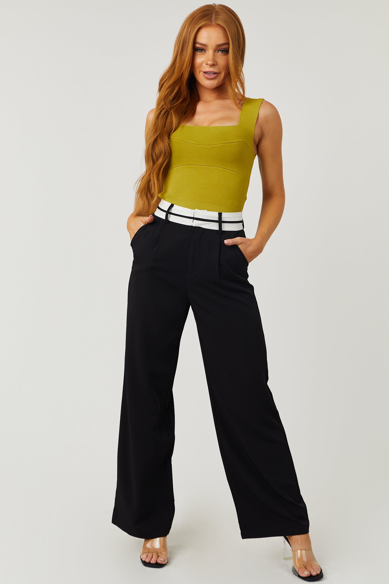 Black Contrast Waistband Wide Leg Pants