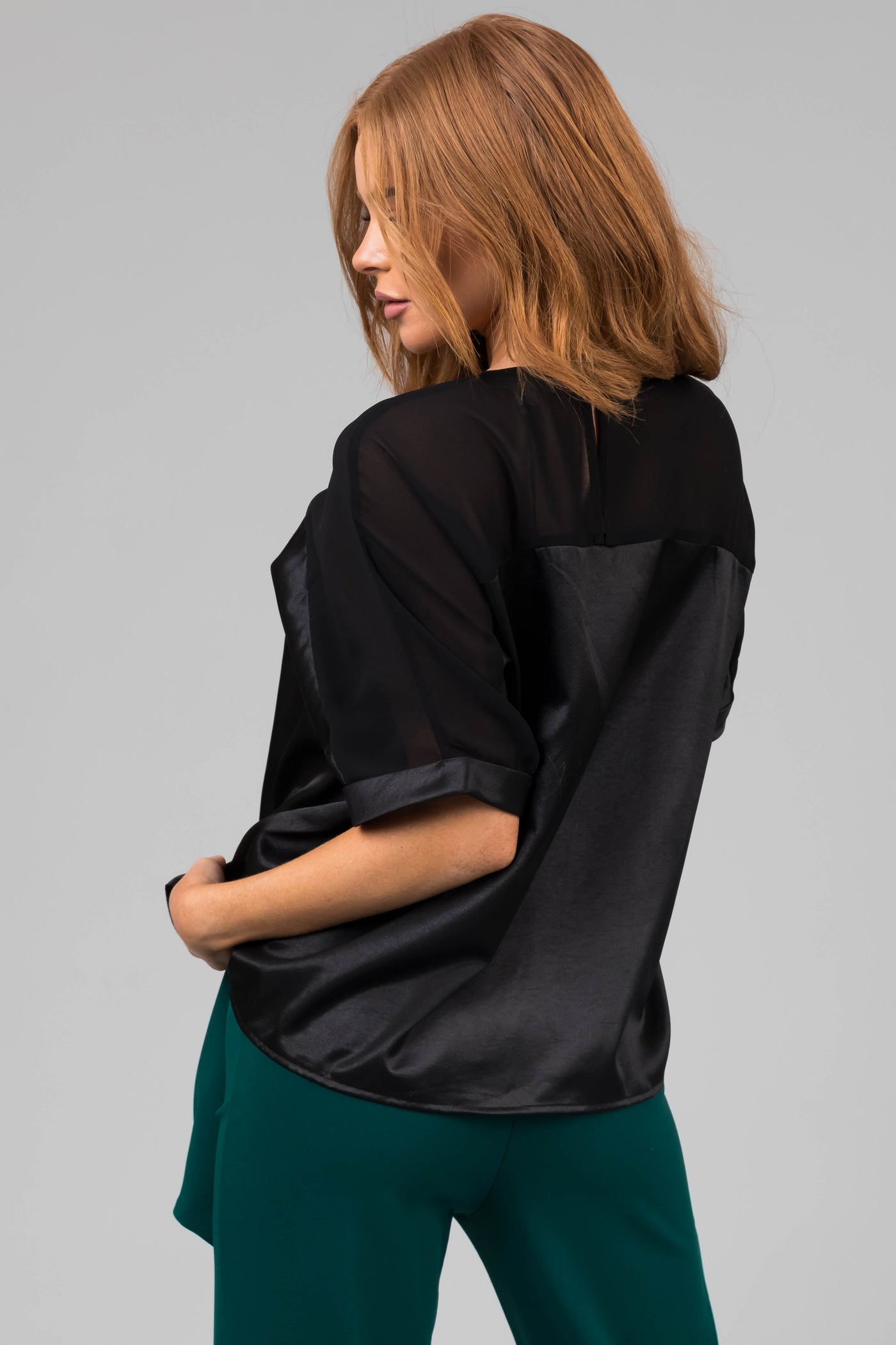 Black Contrast Yoke Cuffed Sleeve Satin Blouse