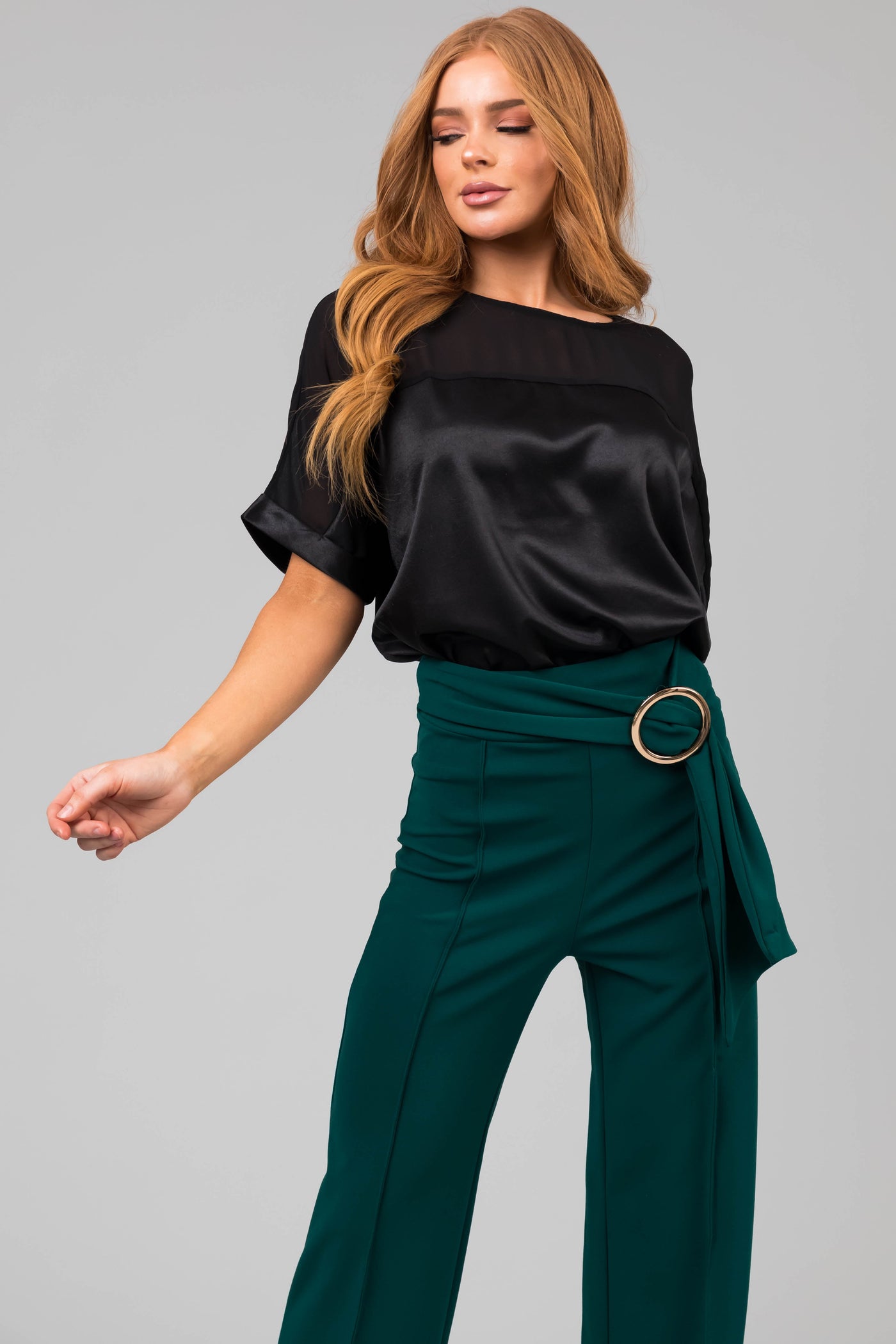 Black Contrast Yoke Cuffed Sleeve Satin Blouse