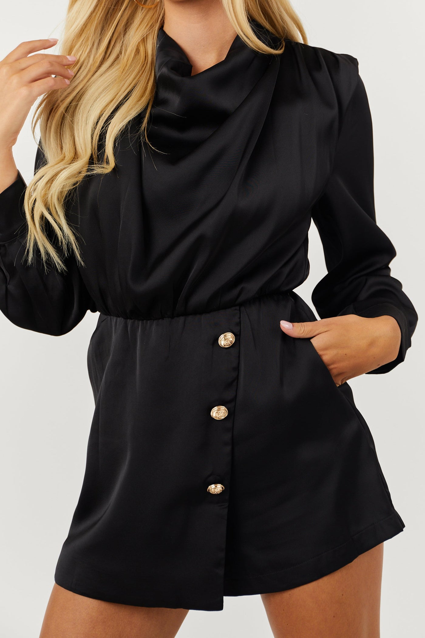 Black Cowl Neck Front Overlay with Buttons Romper