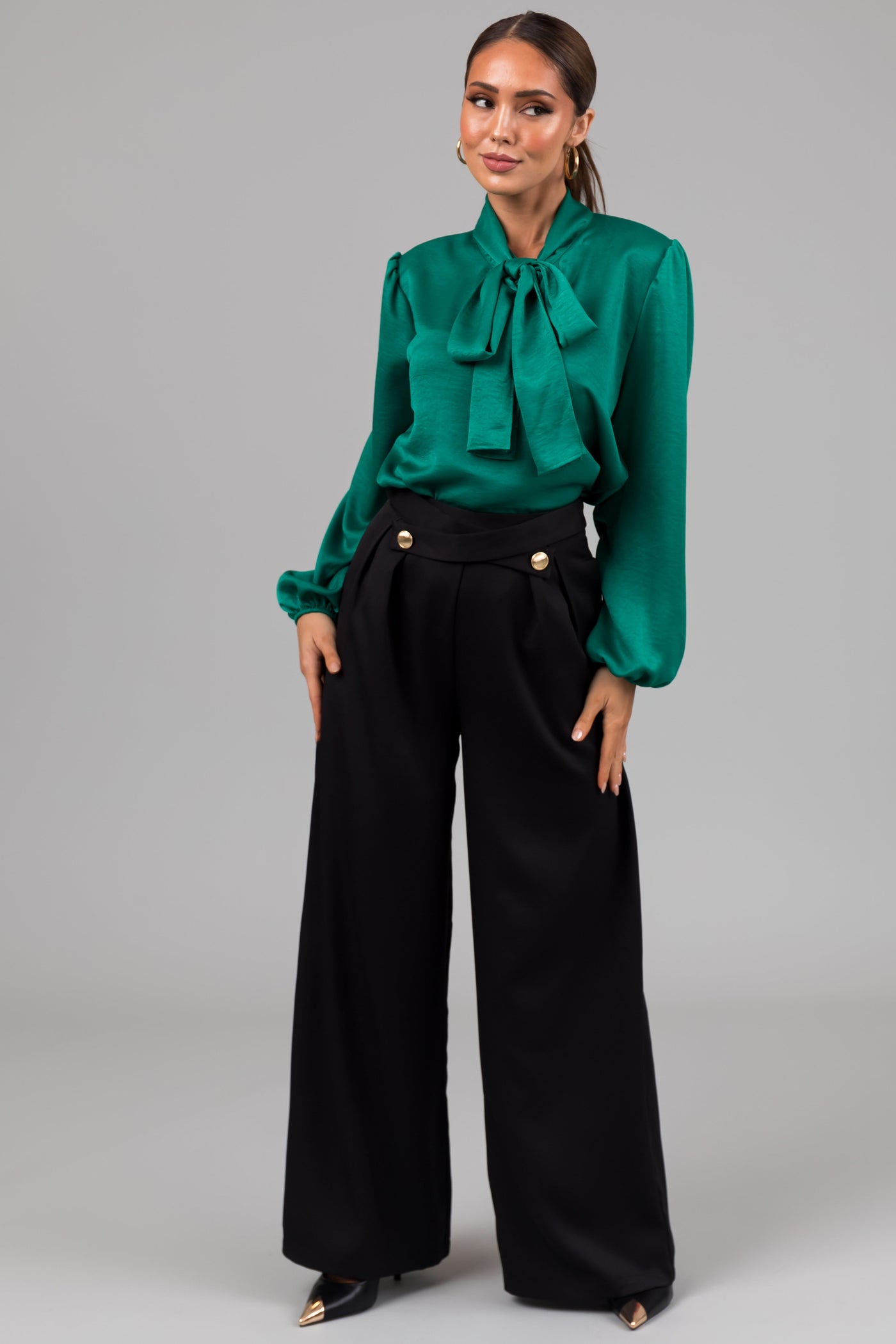 Black Criss Cross Button Wide Leg Pants
