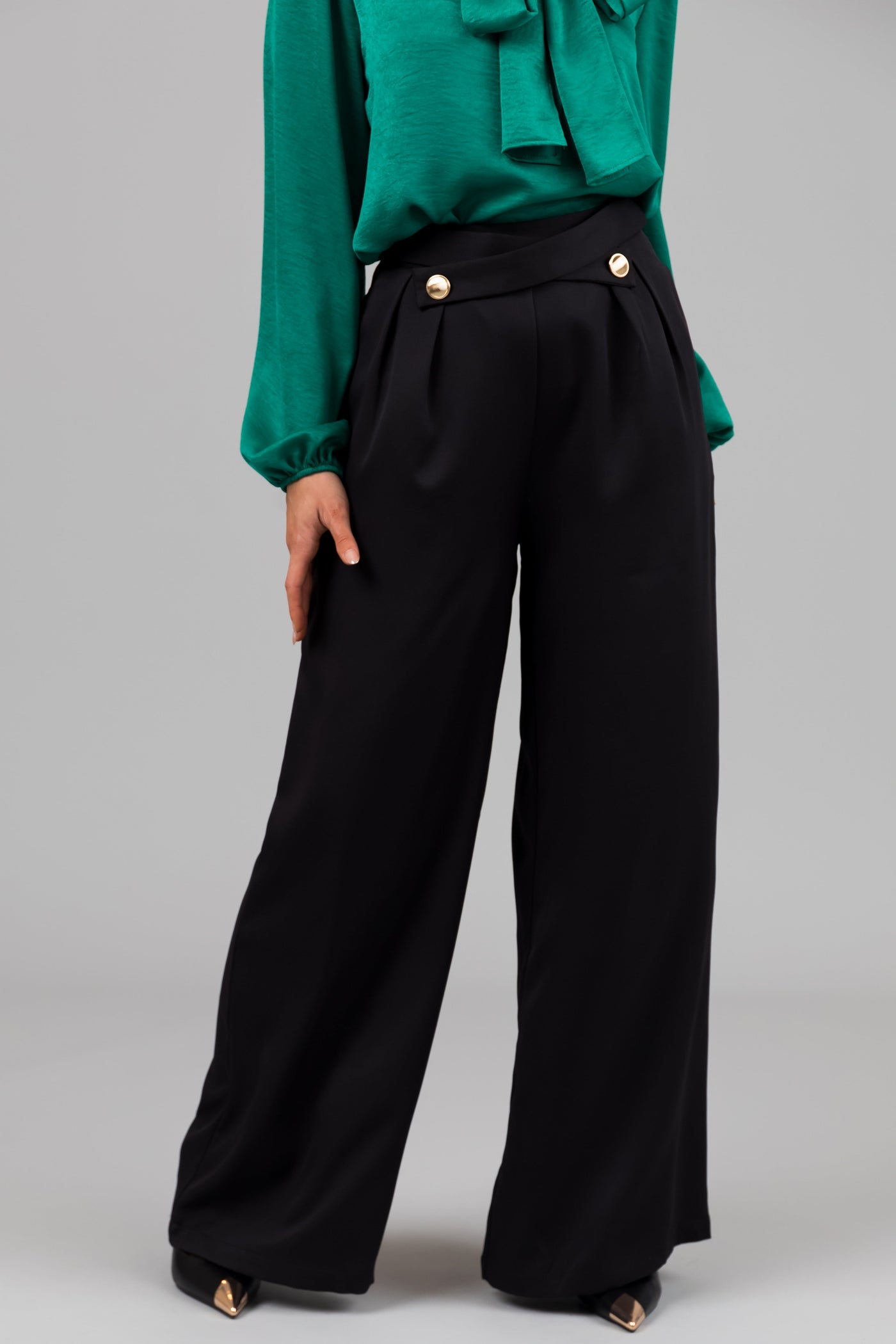 Black Criss Cross Button Wide Leg Pants