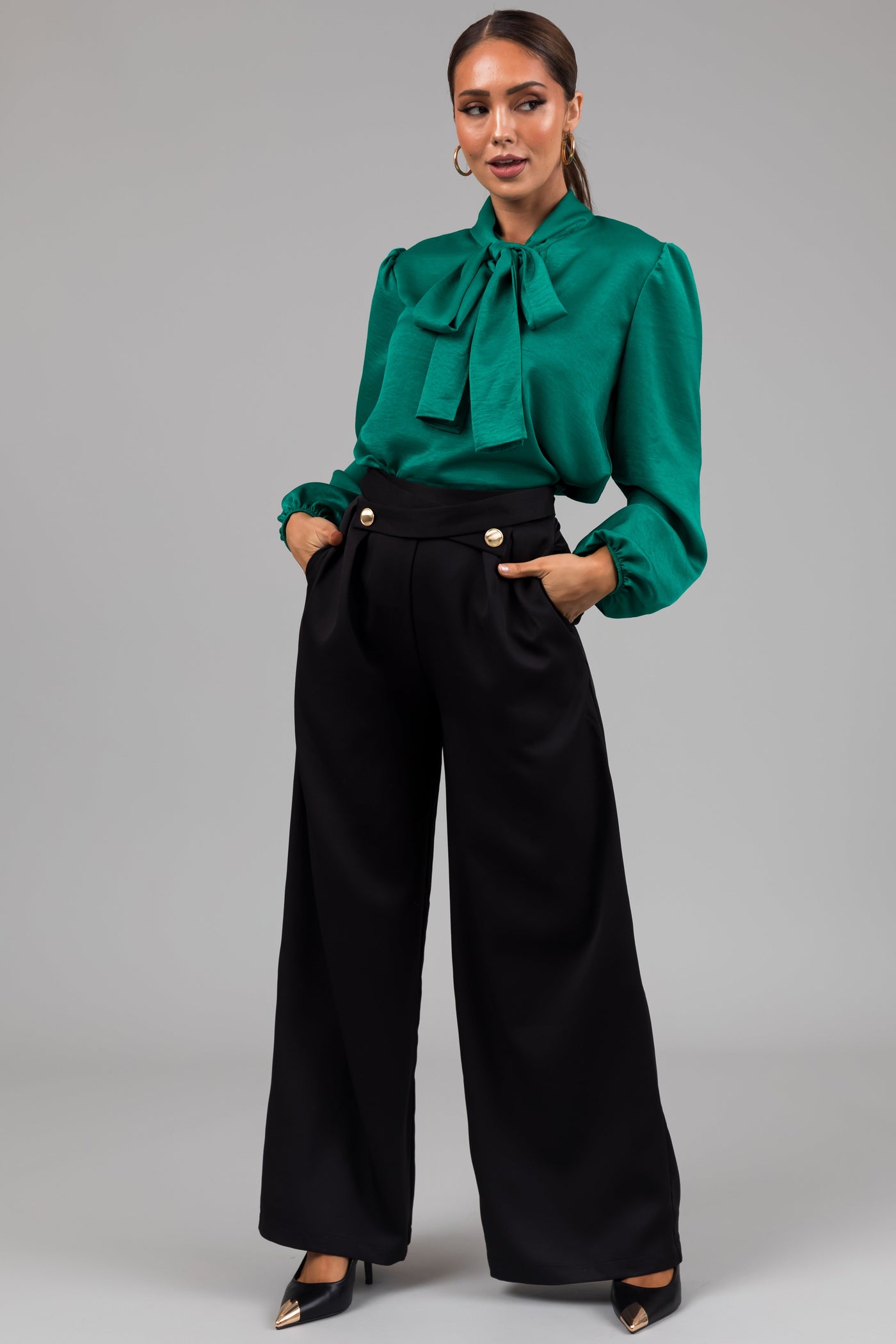 Black Criss Cross Button Wide Leg Pants
