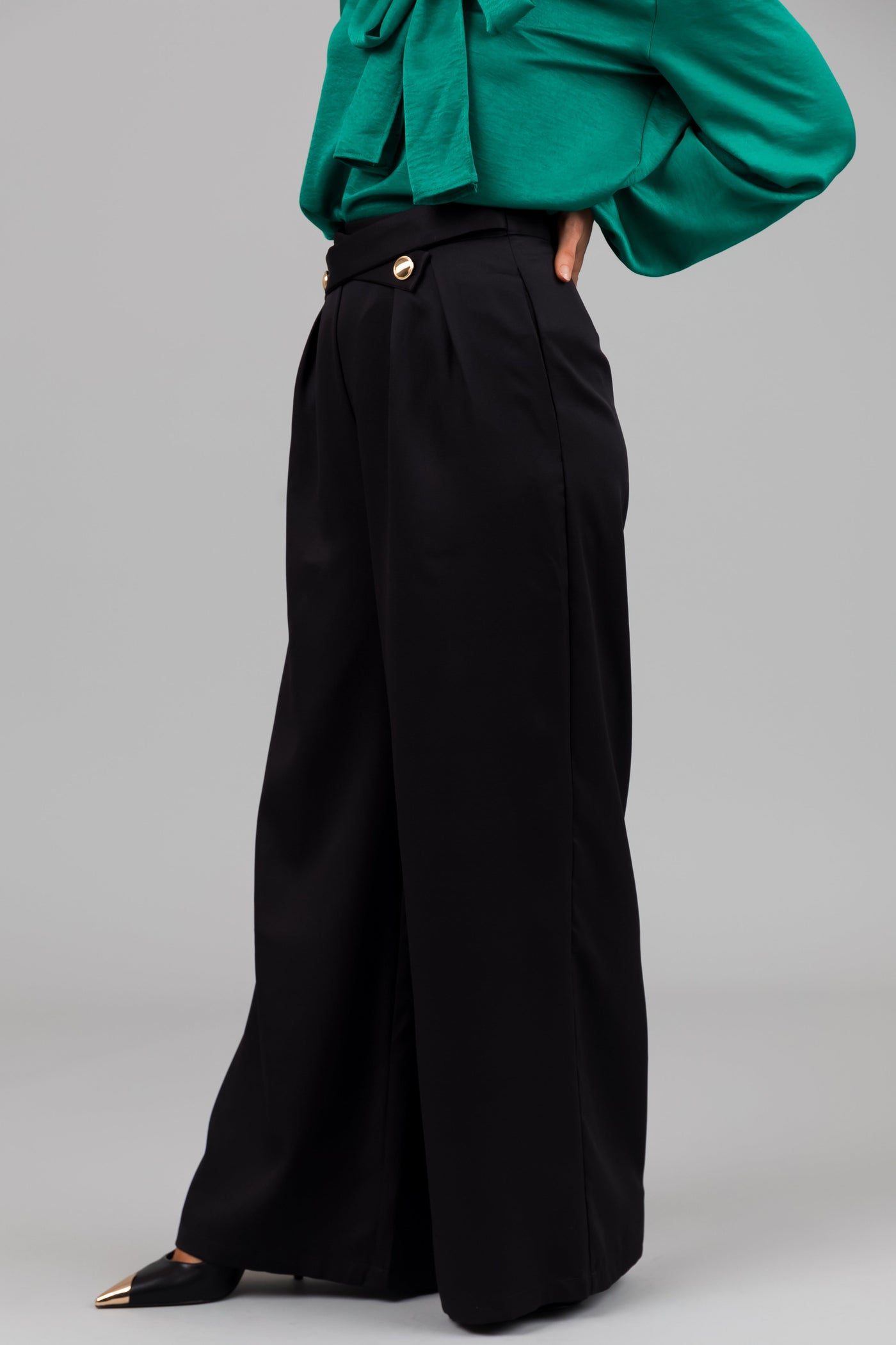 Black Criss Cross Button Wide Leg Pants