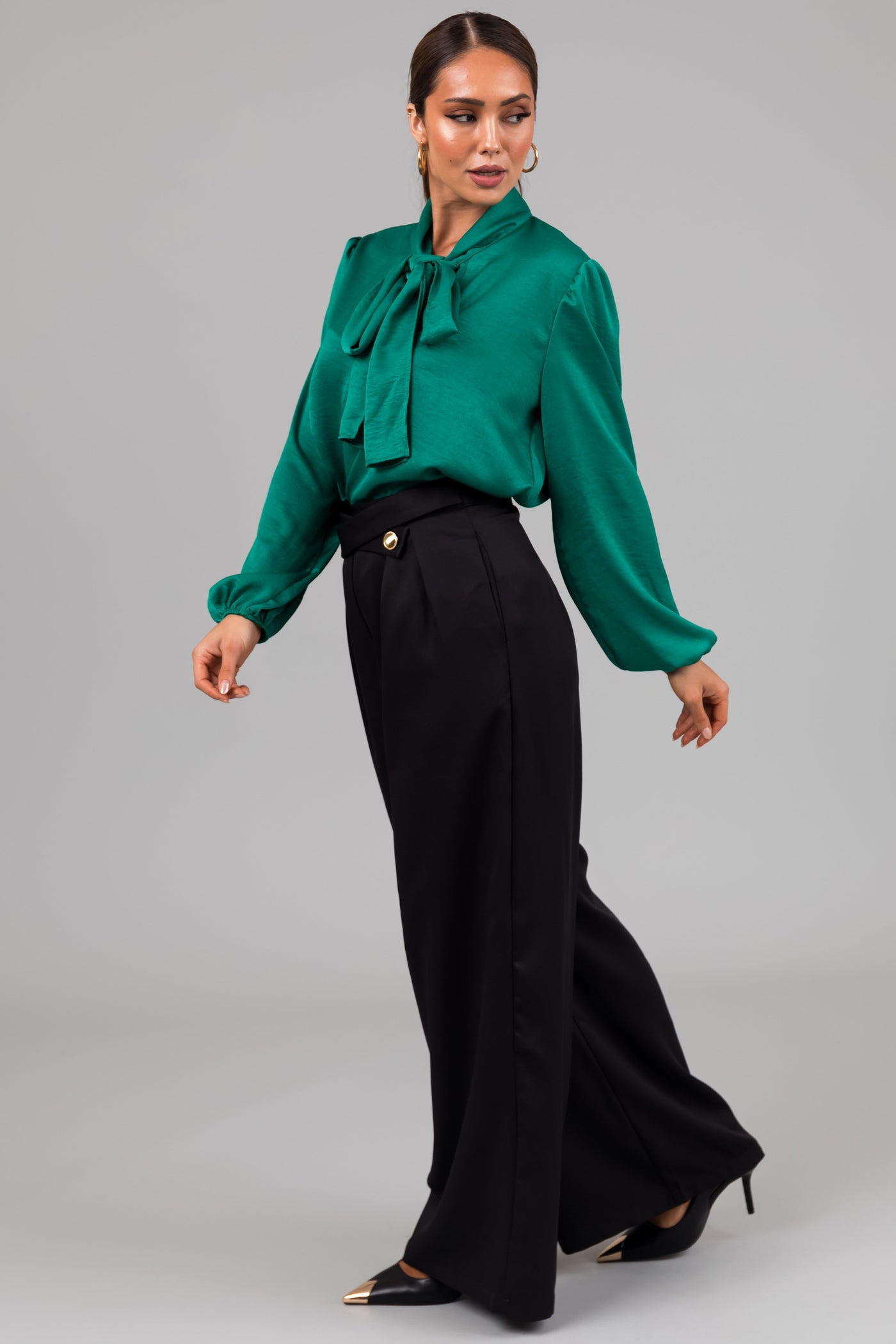 Black Criss Cross Button Wide Leg Pants