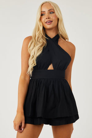 Black Criss Cross Halter Neck Layered Romper
