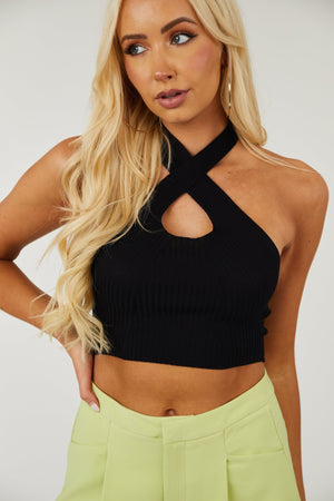 Black Criss Cross Halter Neck Ribbed Knit Crop Top