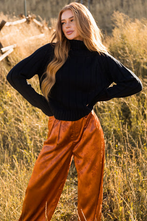 Black Cropped Ribbed Cable Knit Sweater