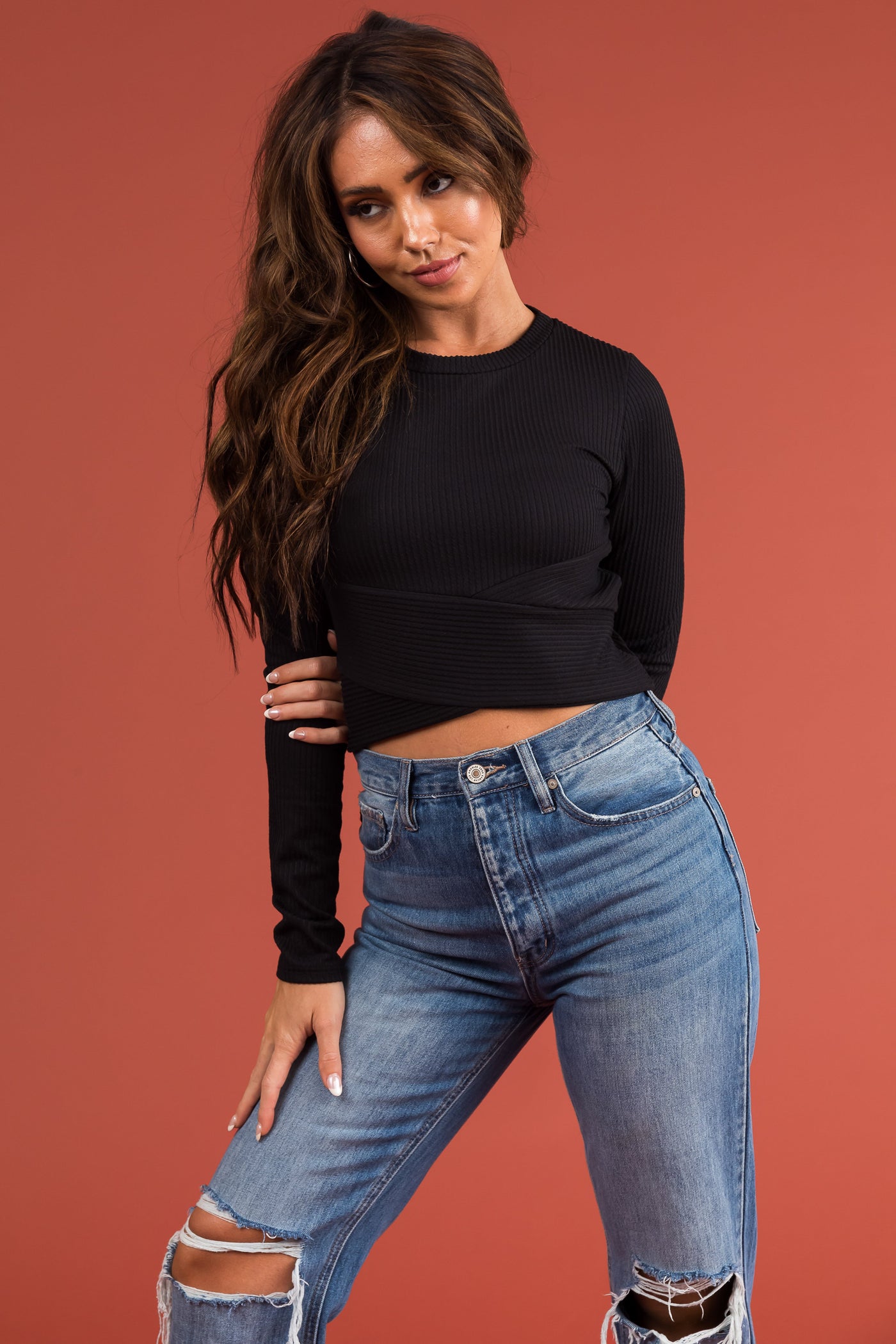 Black Crossover Hem Textured Ribbed Crop Top