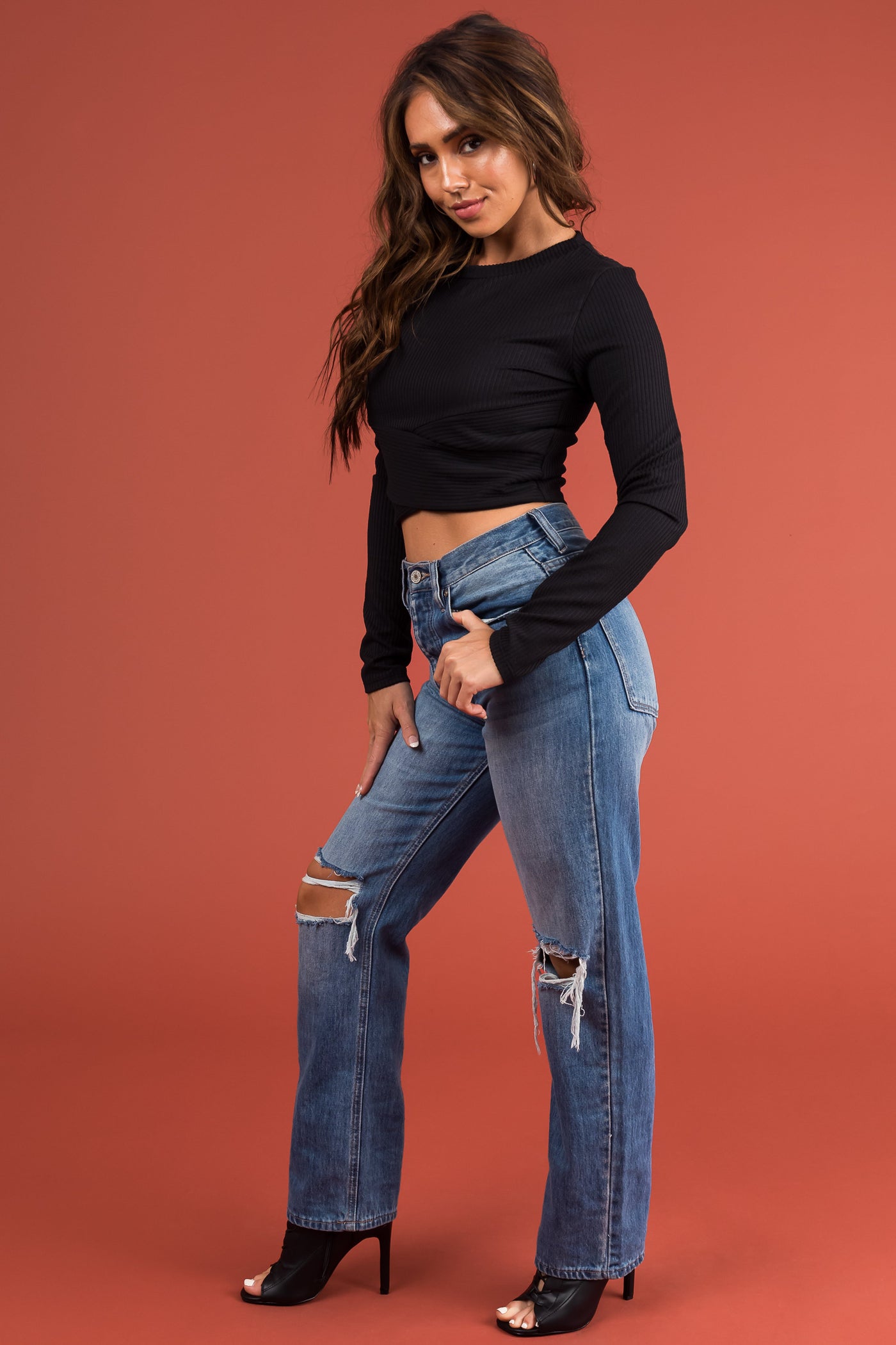 Black Crossover Hem Textured Ribbed Crop Top