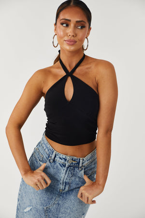 Black Cut Out Front Halter Tie Crop Top