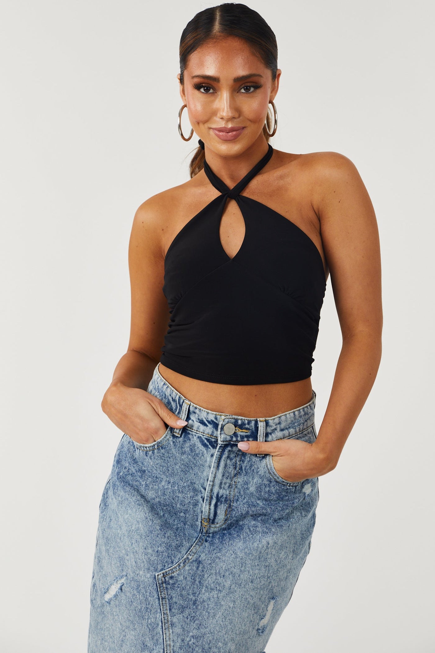Black Cut Out Front Halter Tie Crop Top