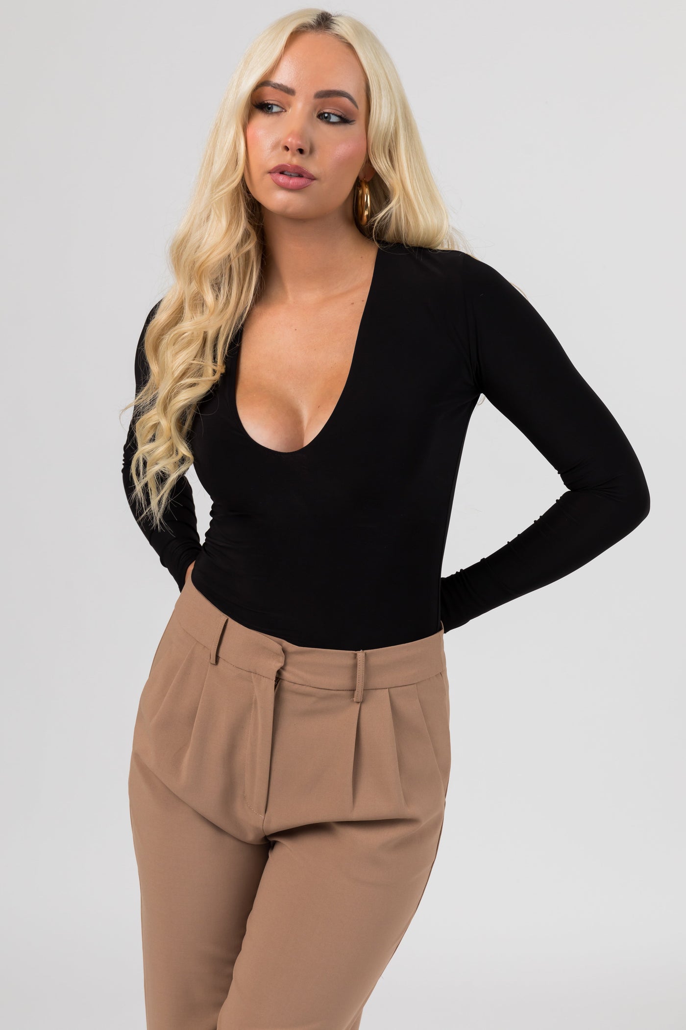 Black Deep V Bodysuit with Snap Buttons