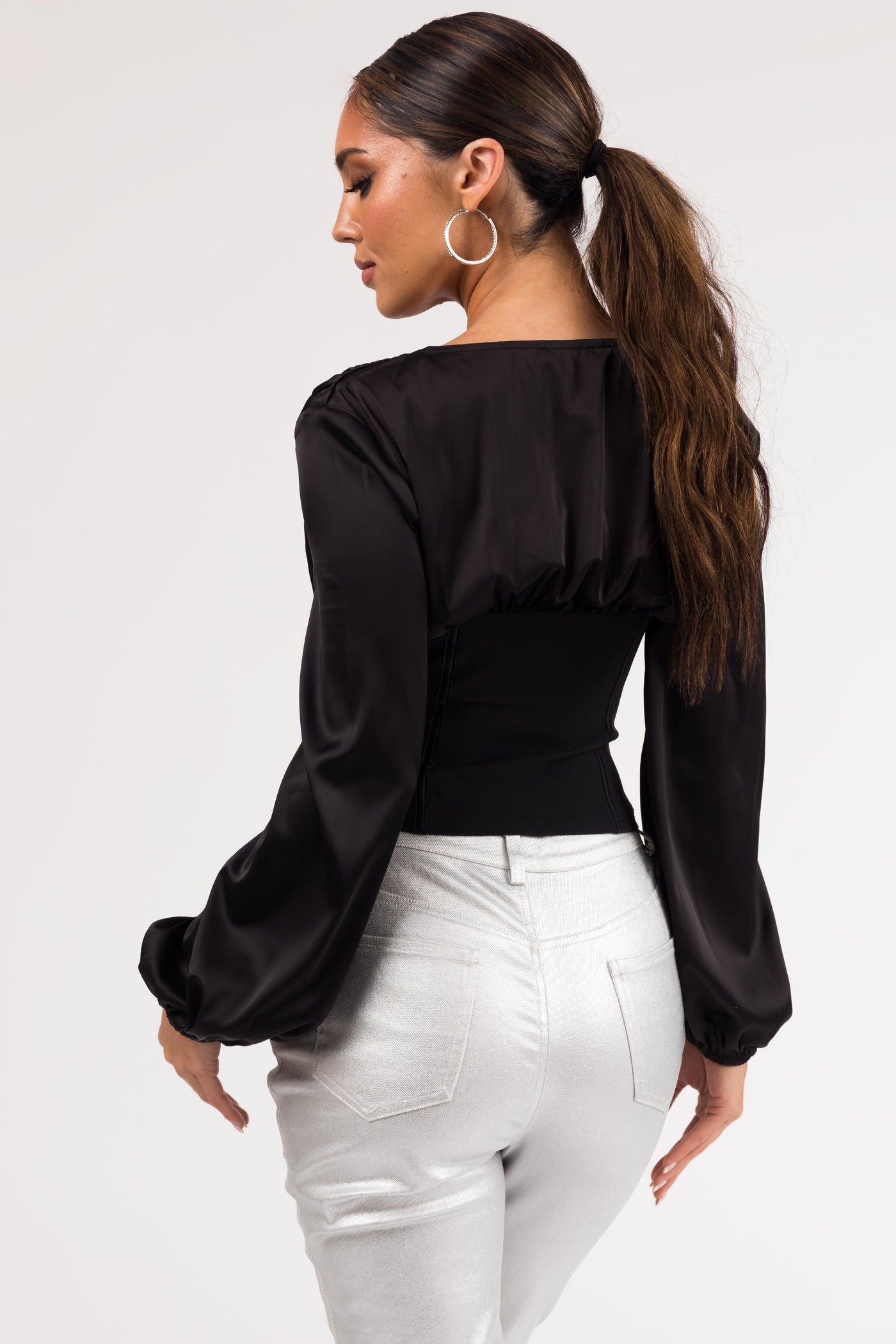 Black Deep V Neck Long Sleeve Corset Waist Blouse
