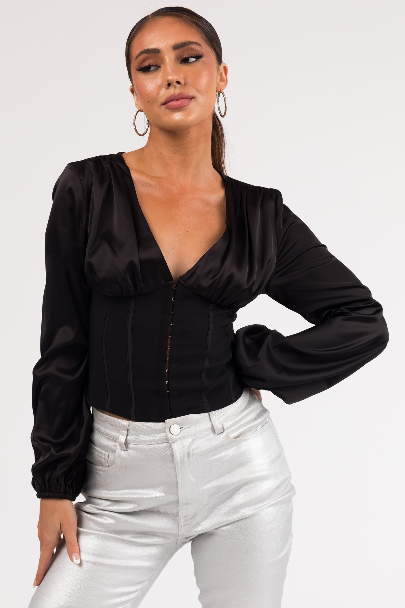 Black Deep V Neck Long Sleeve Corset Waist Blouse