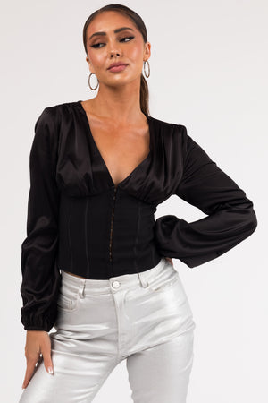 Black Deep V Neck Long Sleeve Corset Waist Blouse