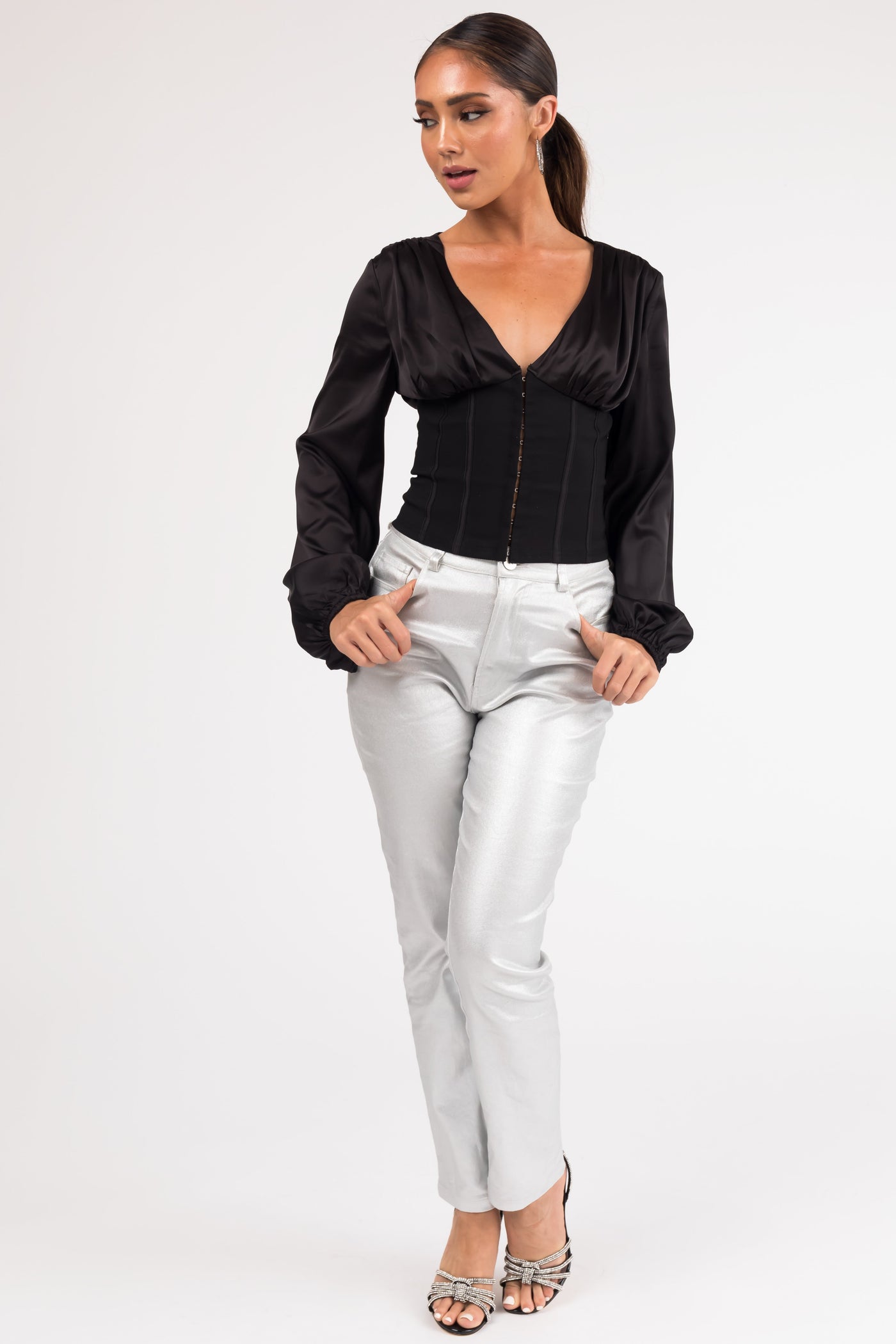 Black Deep V Neck Long Sleeve Corset Waist Blouse