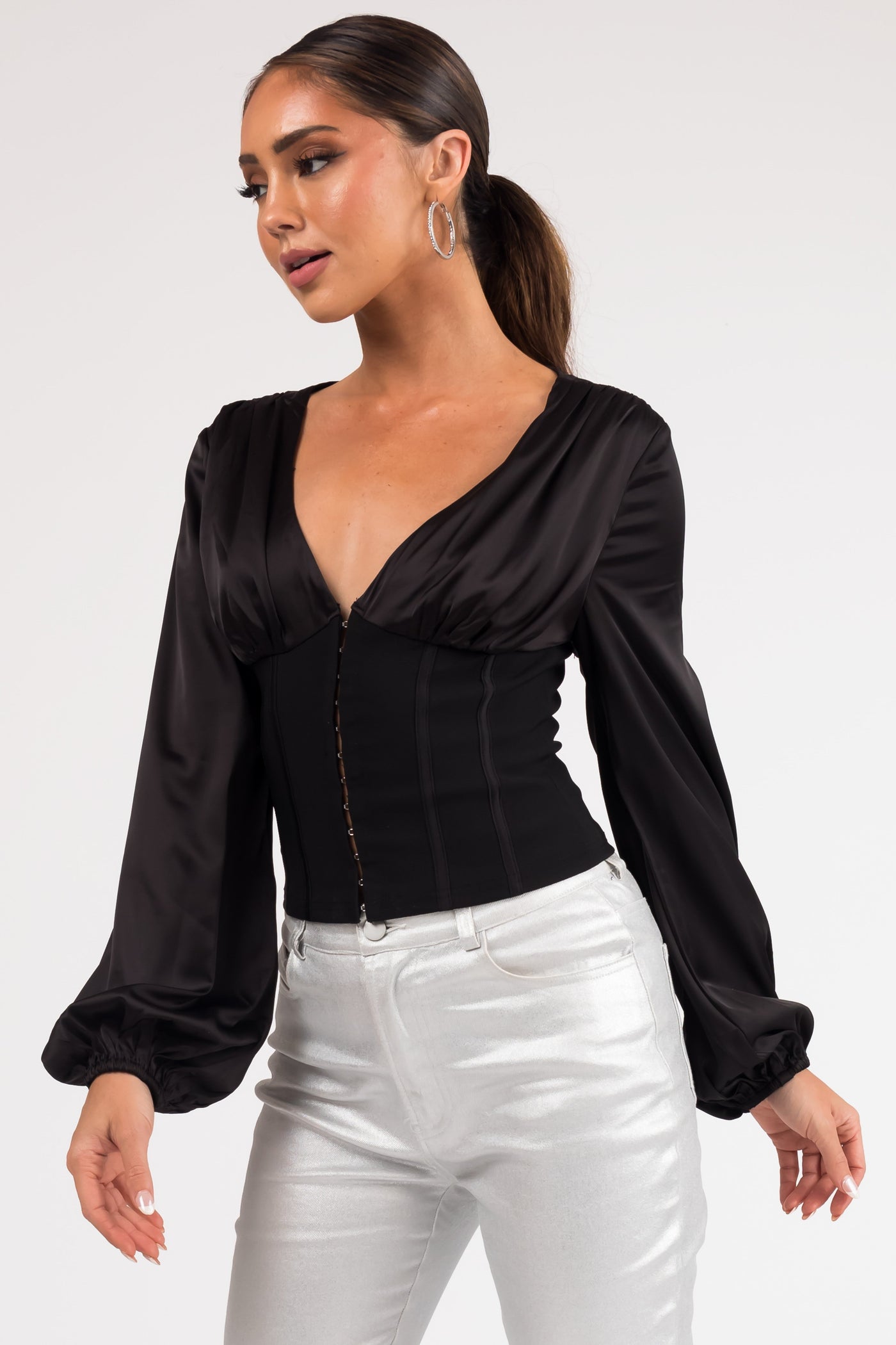 Black Deep V Neck Long Sleeve Corset Waist Blouse