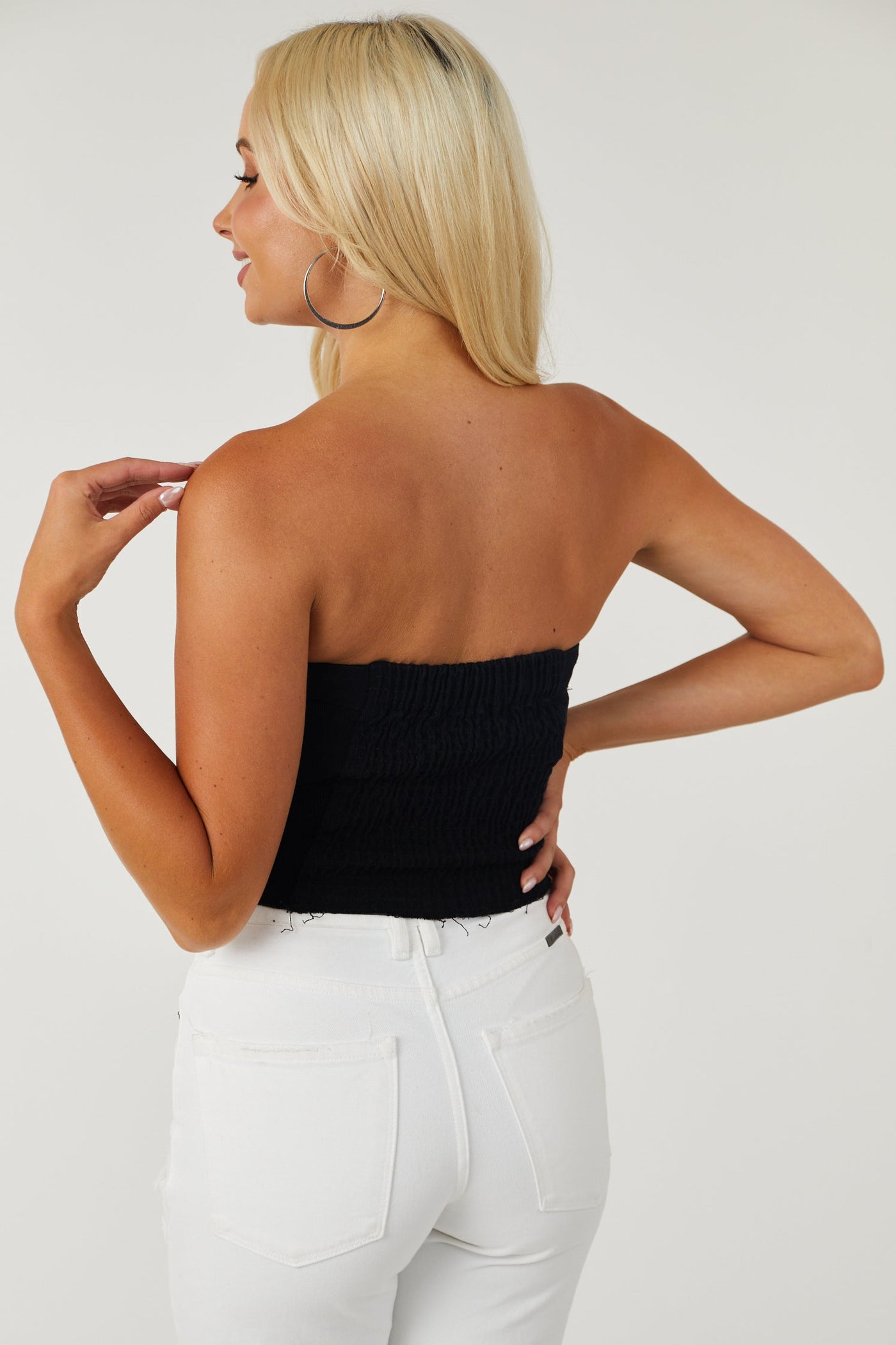 Black Denim Strapless Button Up Corset Top