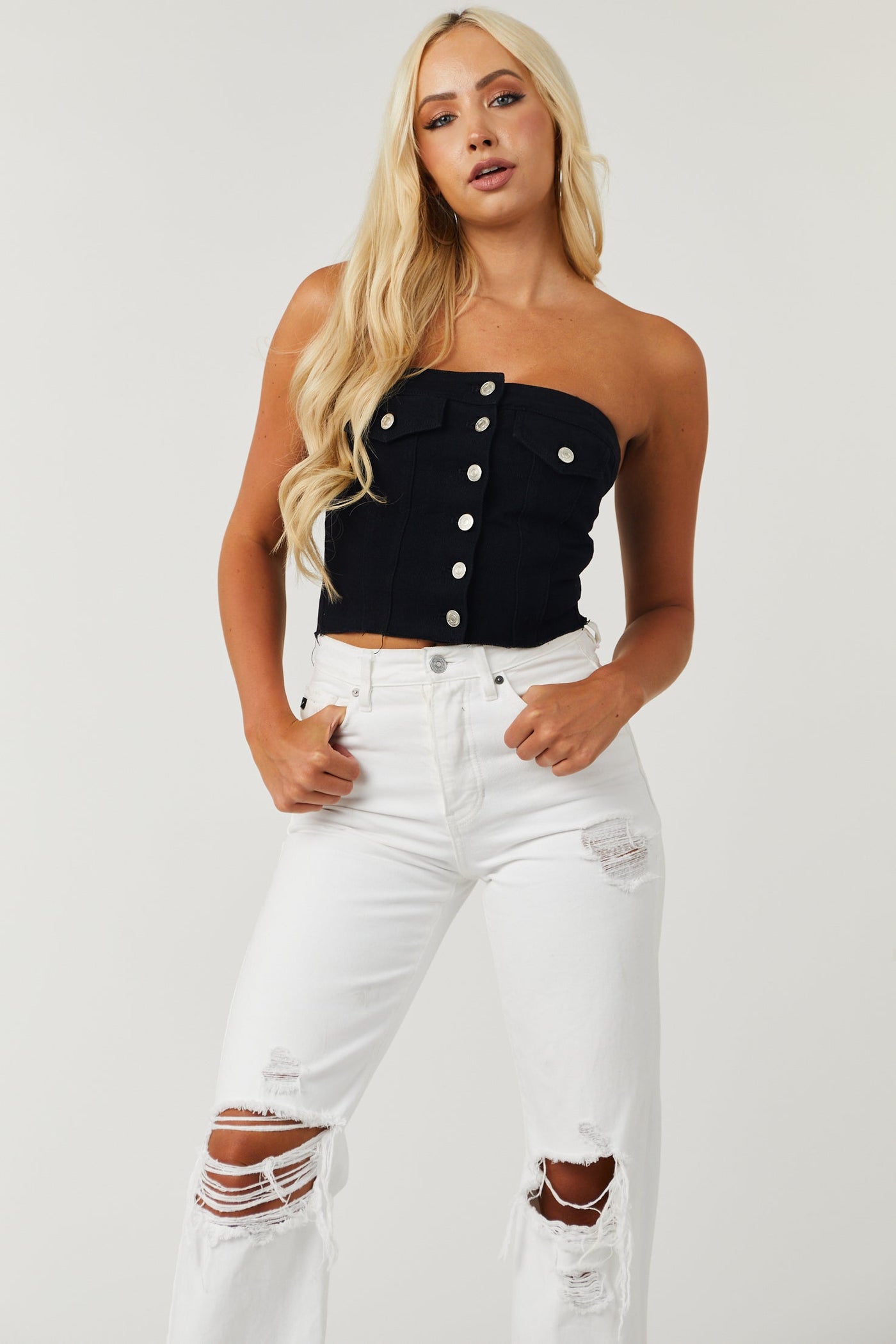 Black Denim Strapless Button Up Corset Top