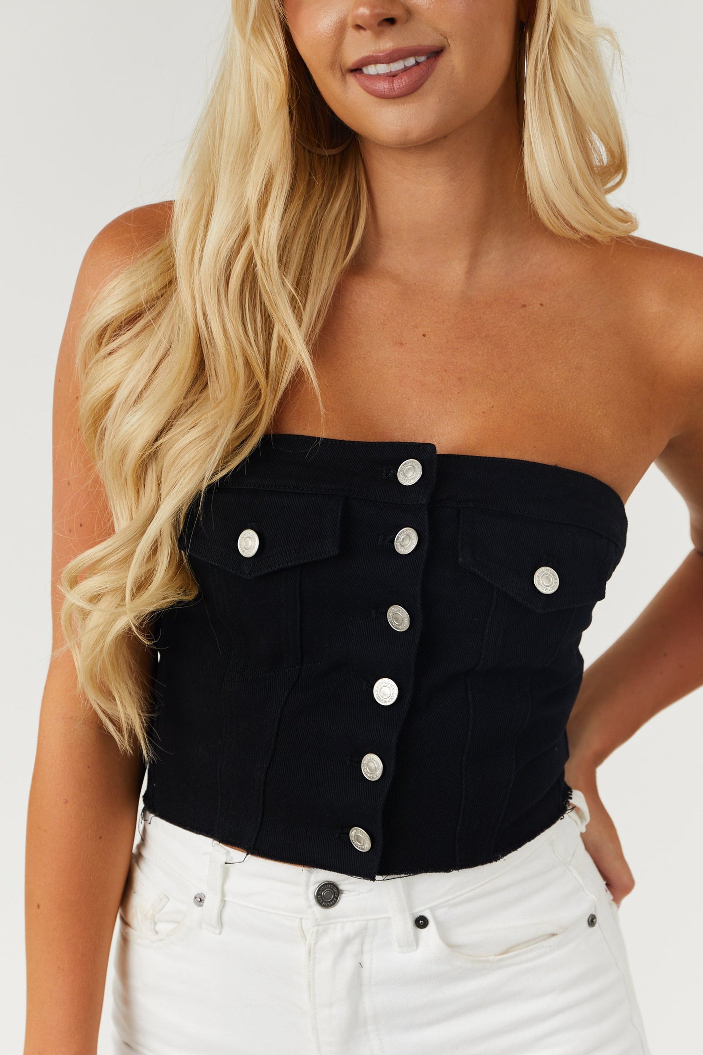 Black Denim Strapless Button Up Corset Top