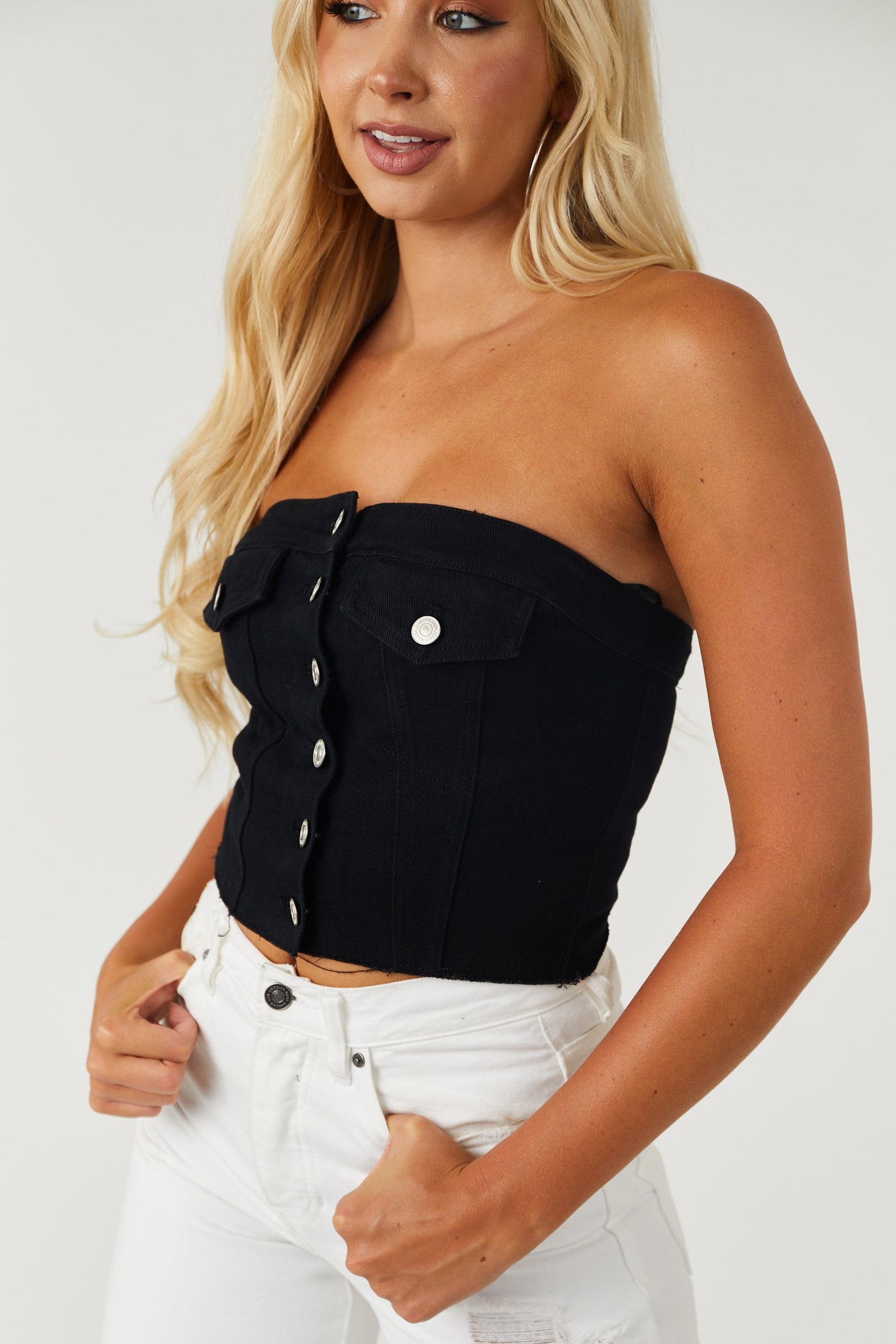 Black Denim Strapless Button Up Corset Top