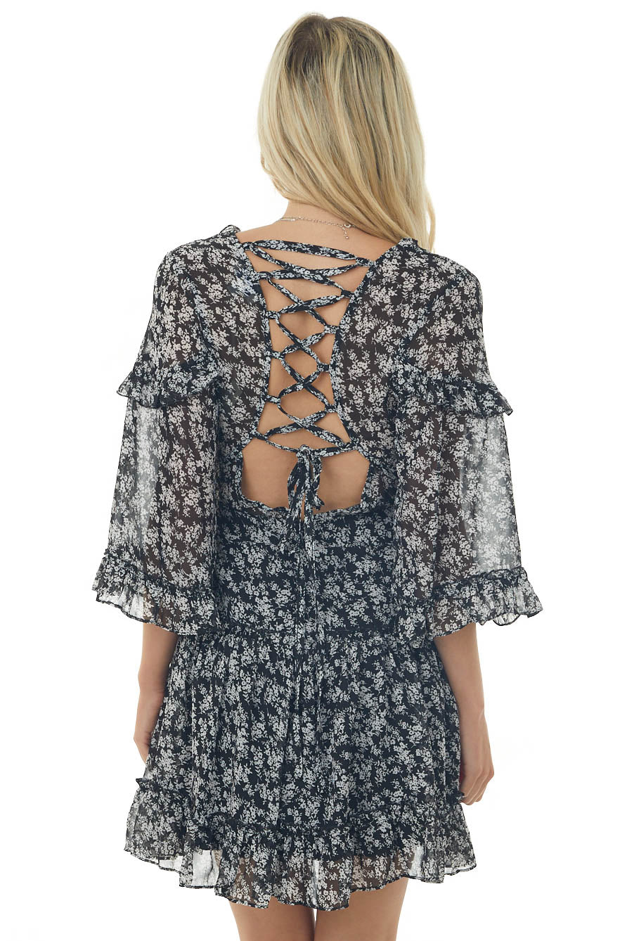 Black Ditsy Floral Tiered Short Dress with Open Back Detail