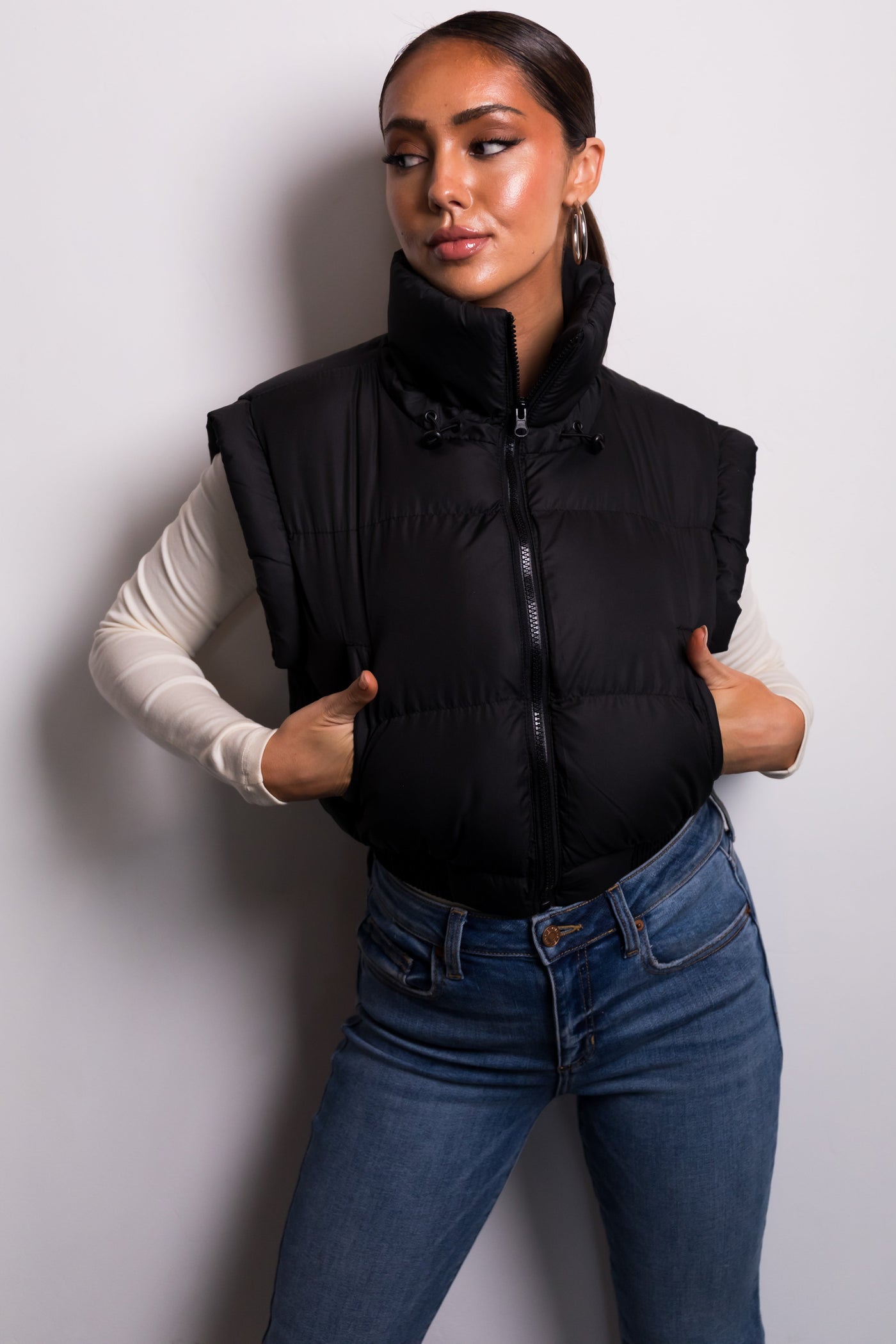Black Elastic Hem Zip Up Puffer Vest