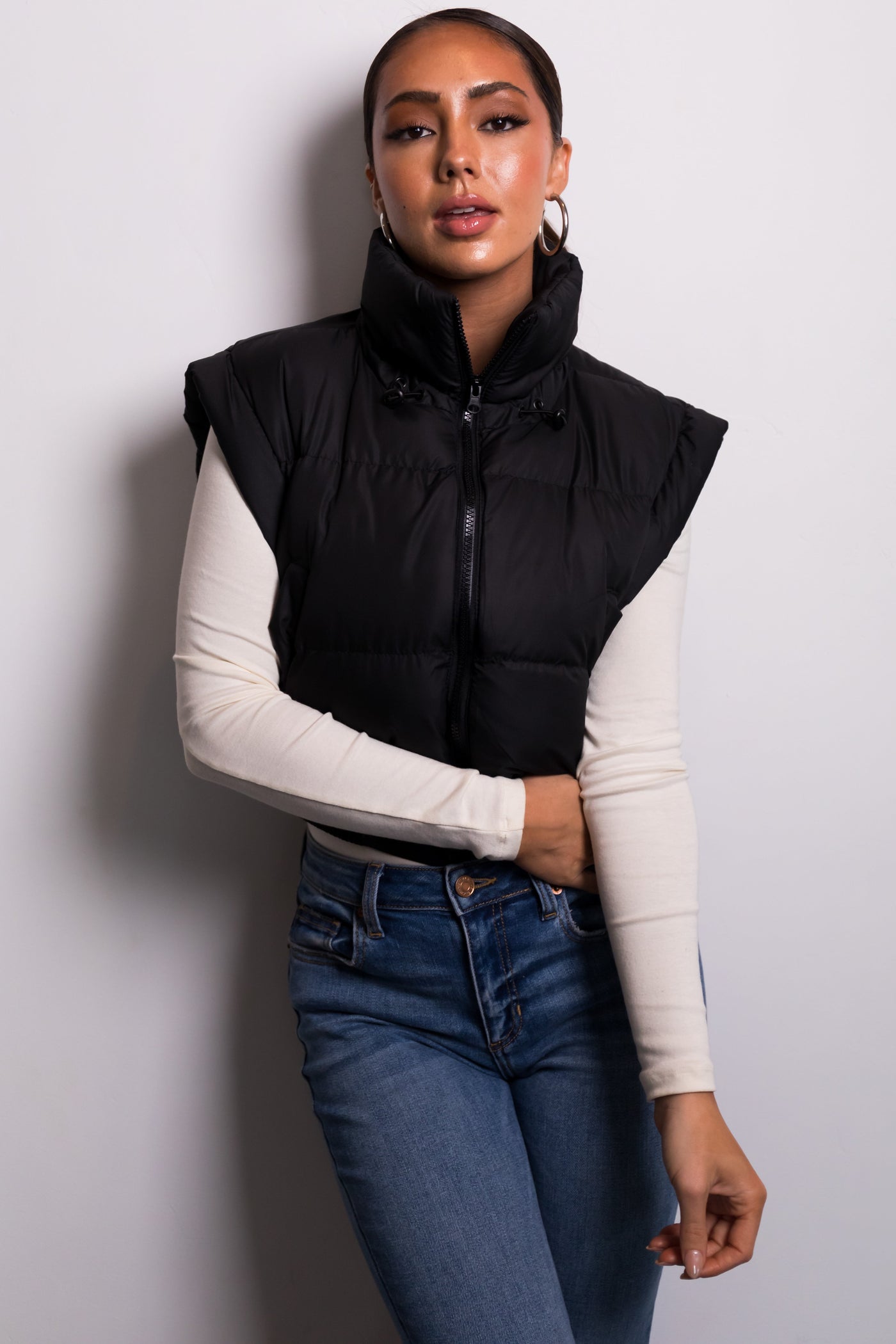 Black Elastic Hem Zip Up Puffer Vest