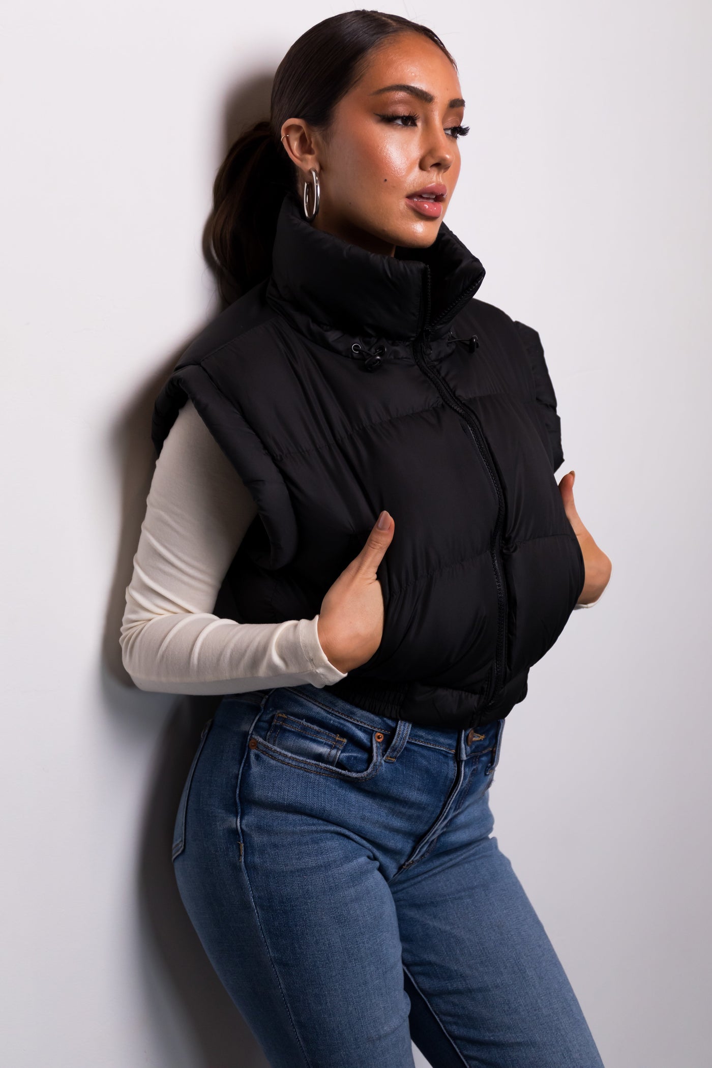 Black Elastic Hem Zip Up Puffer Vest