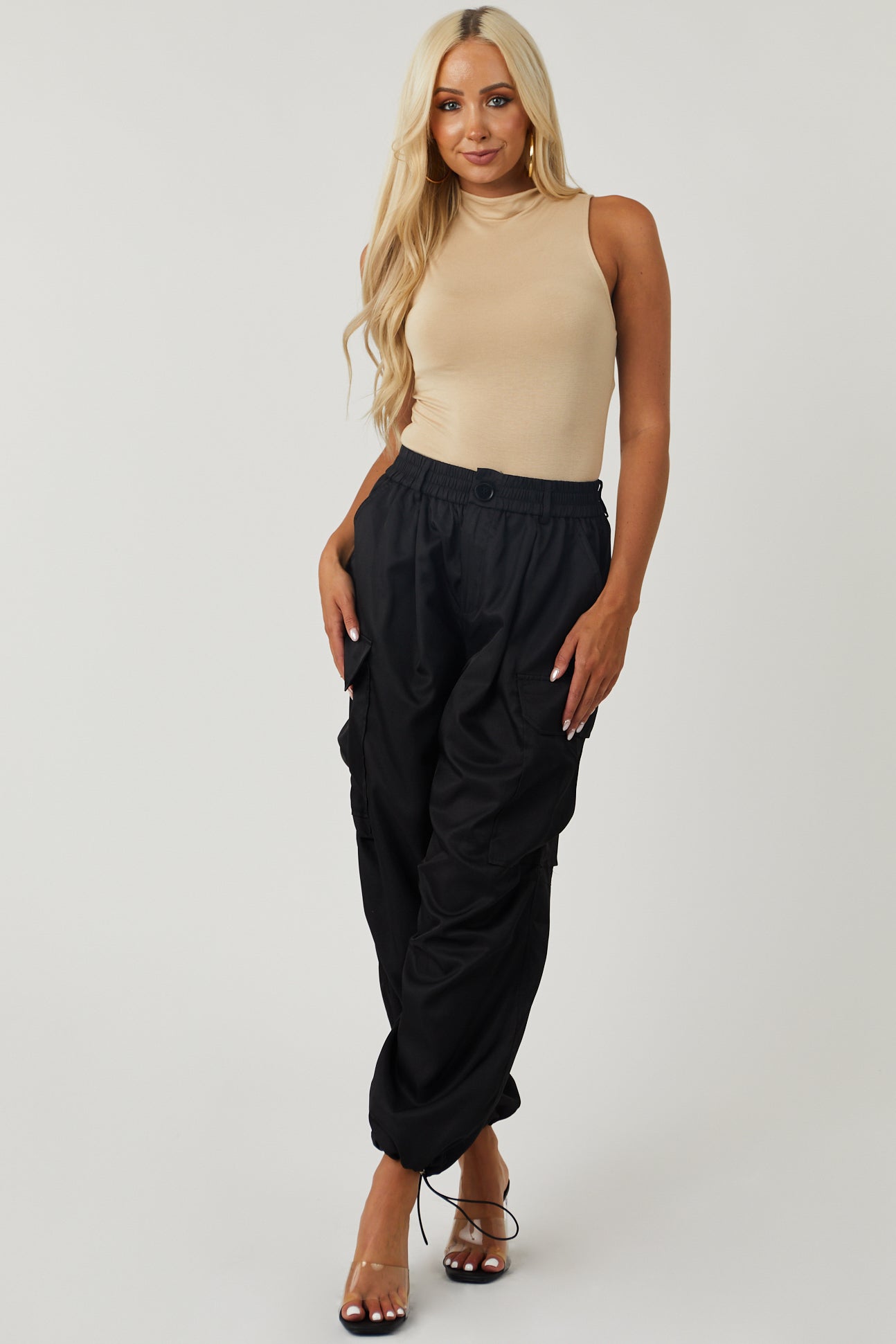 Black Elastic Waist Cargo Pants