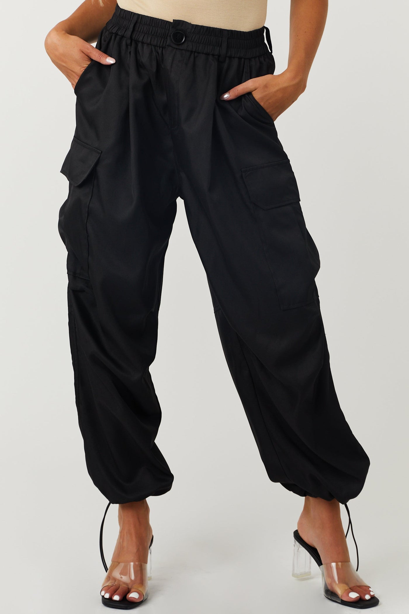 Black Elastic Waist Cargo Pants
