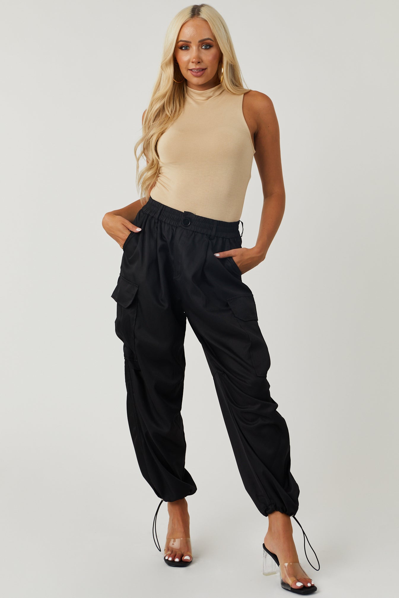 Black Elastic Waist Cargo Pants