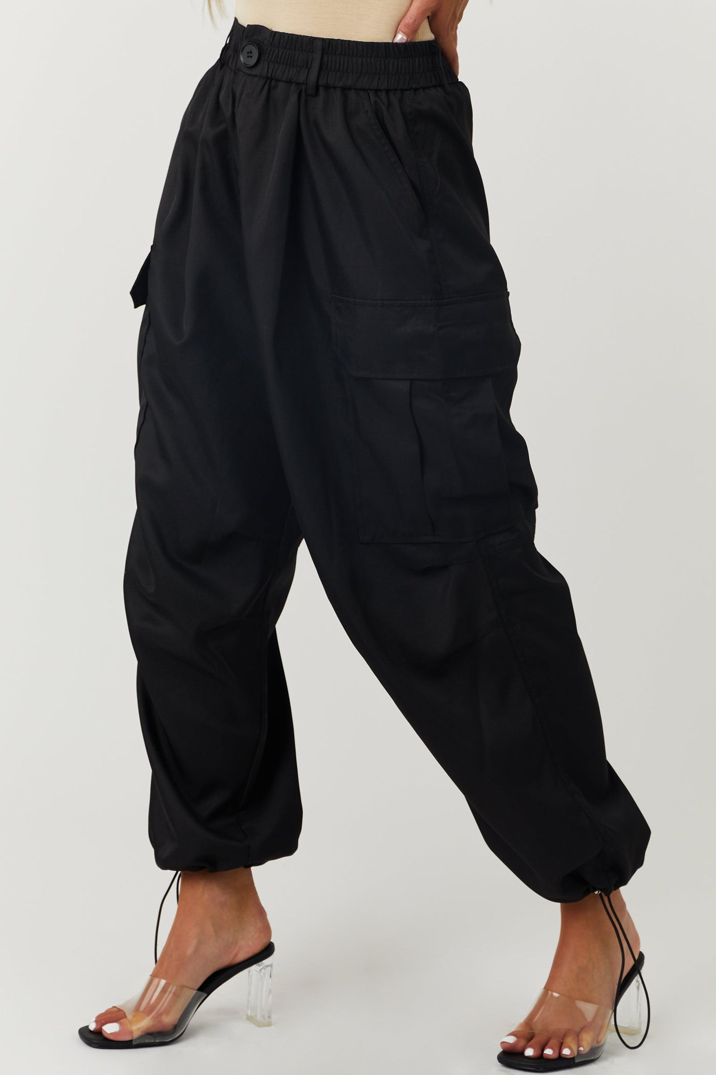 Black Elastic Waist Cargo Pants