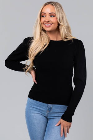 Black Elongated Cuff Ribbed Knit Sweater